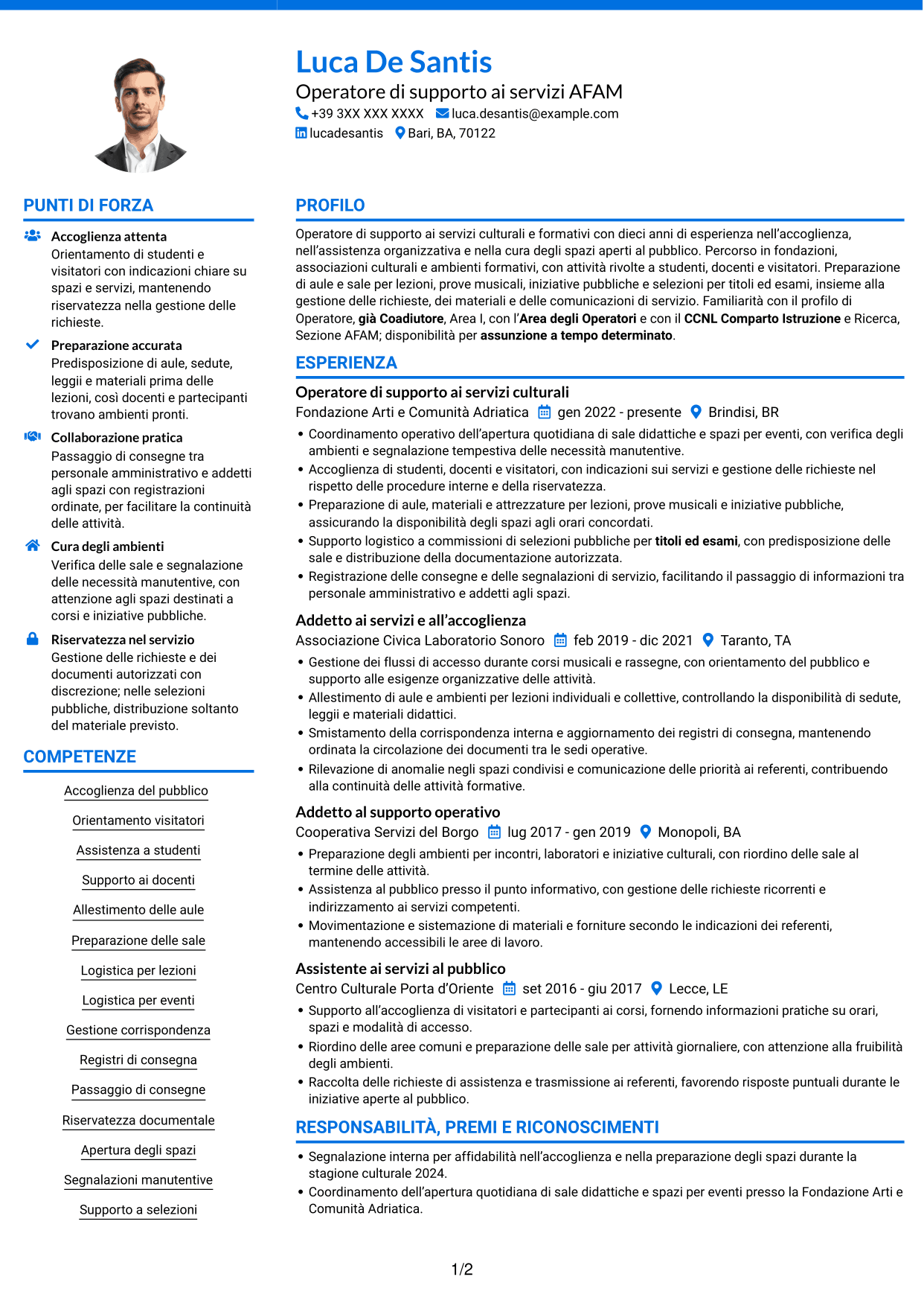 CV Audace (formato a due colonne con accenti colorati e foto): Operatore - Supporto ai servizi AFAM, pagina 1