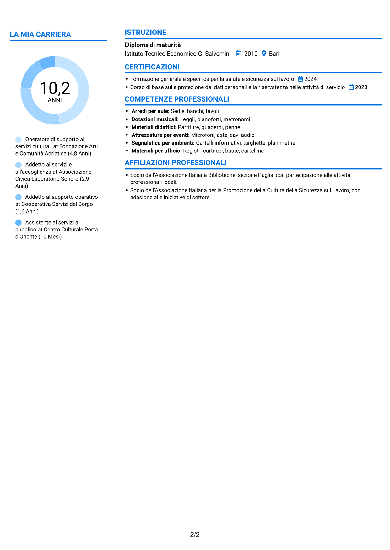 CV Audace (formato a due colonne con accenti colorati e foto): Operatore - Supporto ai servizi AFAM, pagina 2