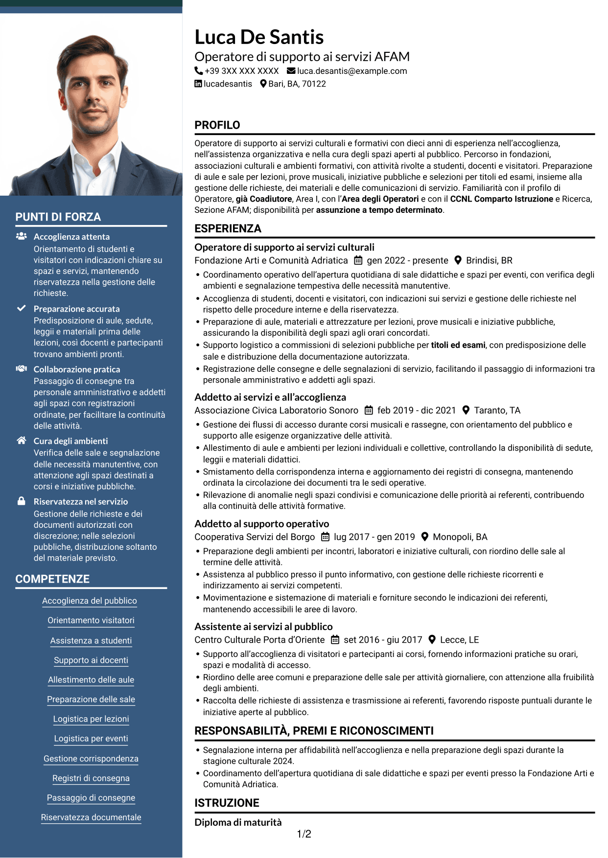 CV Signature (formato con colonna laterale colorata e foto grande): Operatore - Supporto ai servizi AFAM, pagina 1