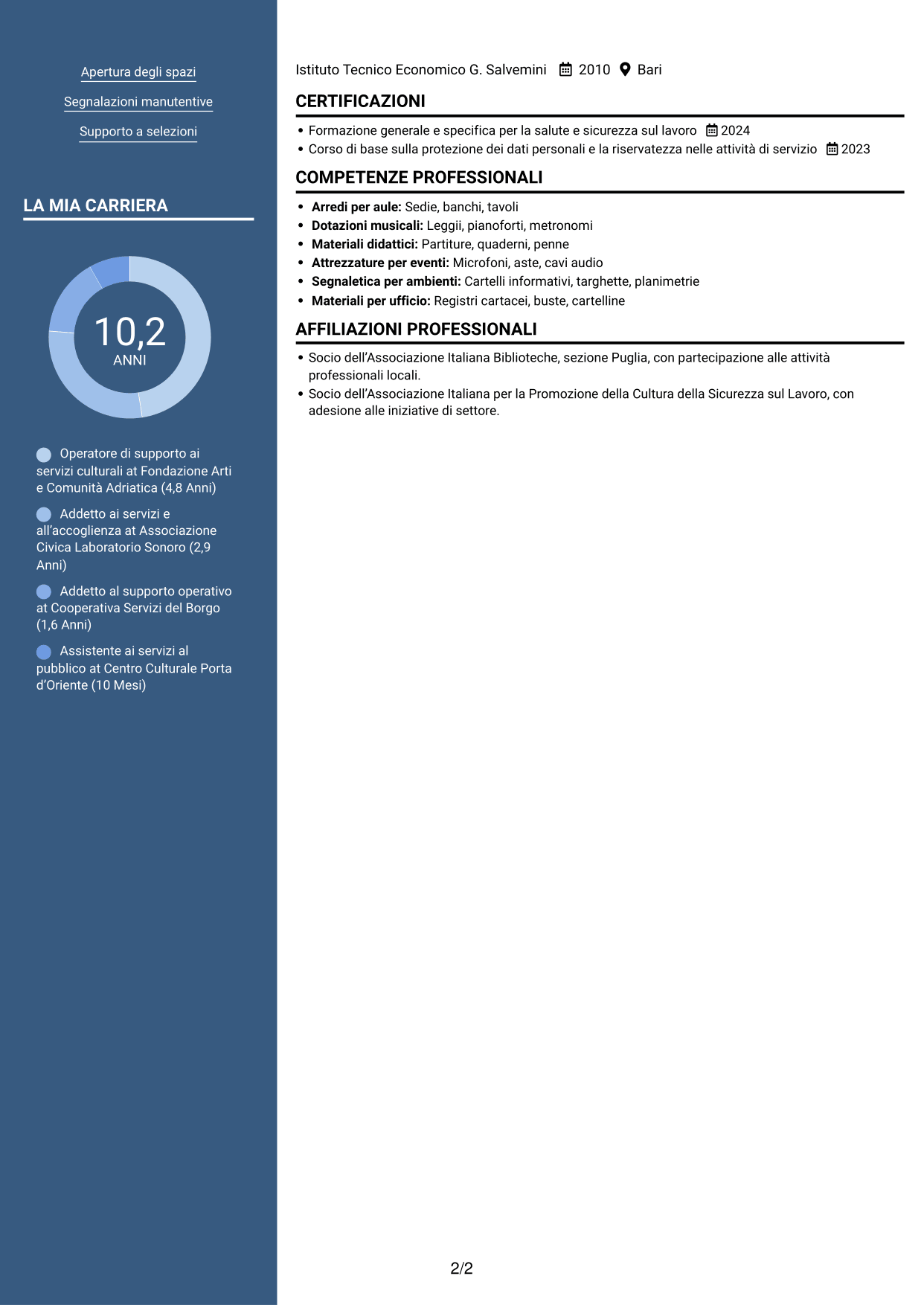 CV Signature (formato con colonna laterale colorata e foto grande): Operatore - Supporto ai servizi AFAM, pagina 2
