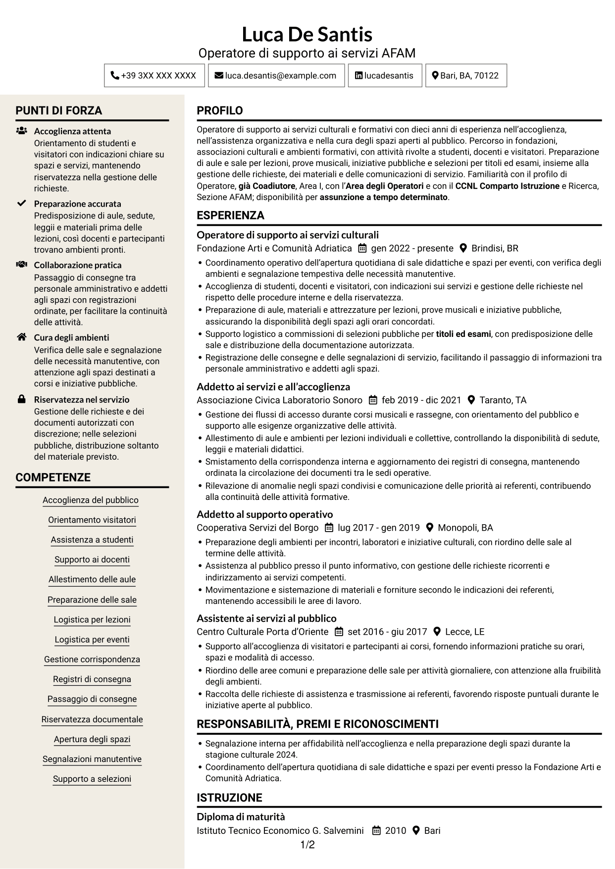 CV Intraprendente (formato a due colonne con intestazione centrata senza foto): Operatore - Supporto ai servizi AFAM, pagina 1