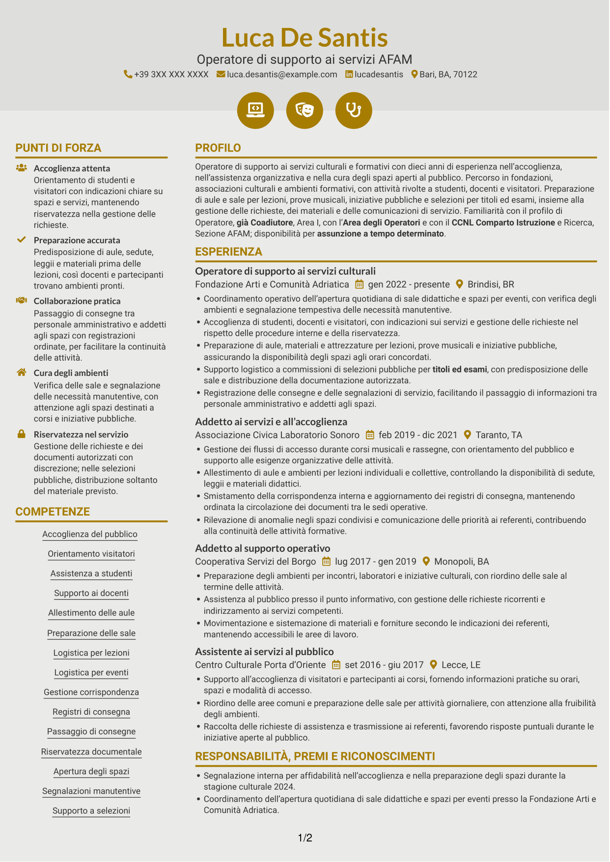 CV Dinamico (formato a due colonne con icone): Operatore - Supporto ai servizi AFAM, pagina 1