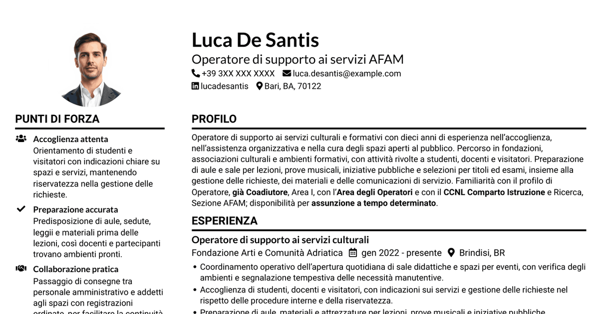 7 modelli di CV per Operatore - Supporto ai servizi AFAM, con esempi