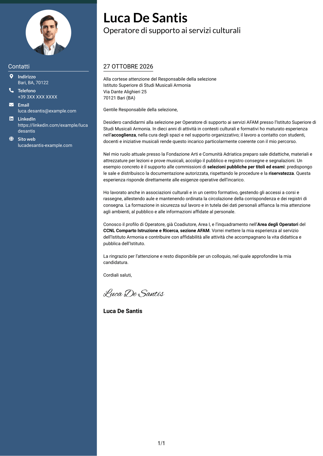 Lettera di presentazione Elegante (formato con colonna laterale colorata e foto): Operatore - Supporto ai servizi AFAM, pagina 1