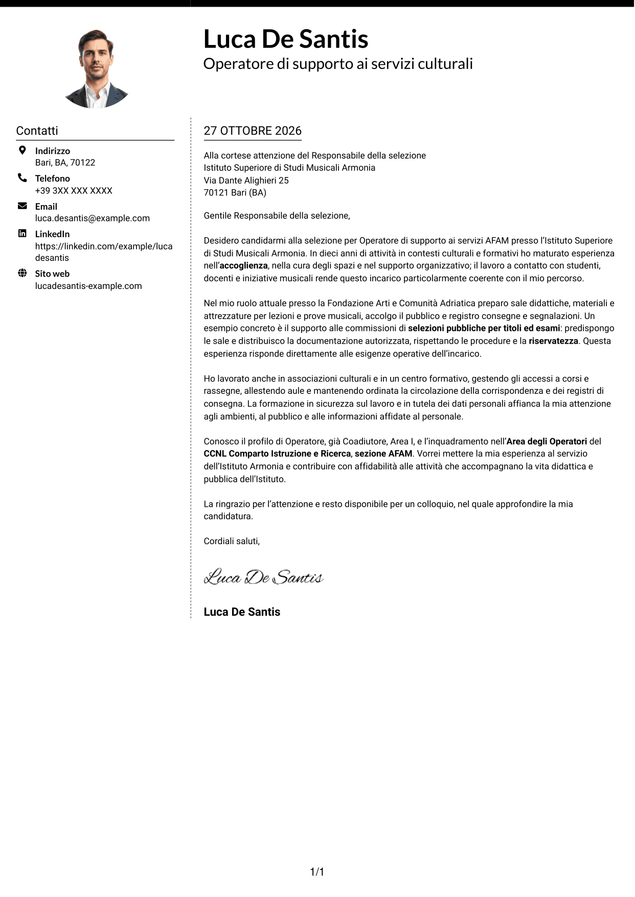 Lettera di presentazione Moderno (formato a due colonne con foto a sinistra e separatore): Operatore - Supporto ai servizi AFAM, pagina 1