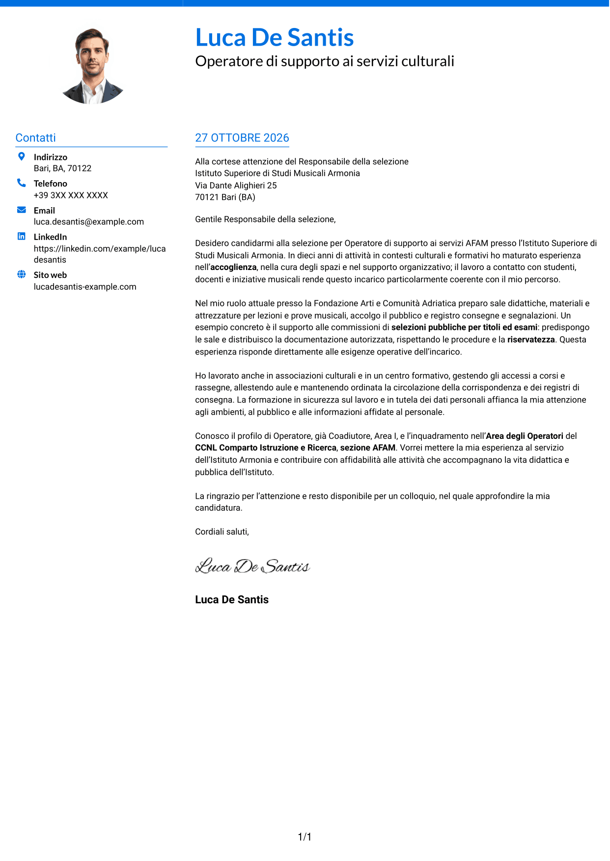 Lettera di presentazione Audace (formato a due colonne con accenti colorati e foto): Operatore - Supporto ai servizi AFAM, pagina 1