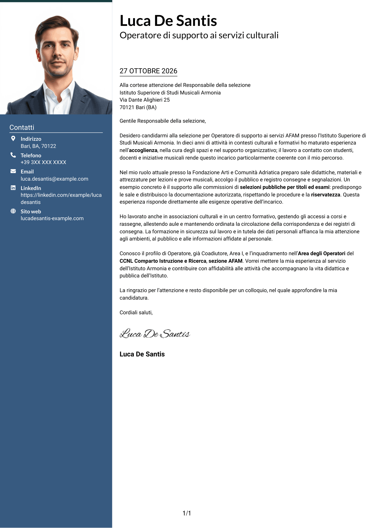 Lettera di presentazione Signature (formato con colonna laterale colorata e foto grande): Operatore - Supporto ai servizi AFAM, pagina 1