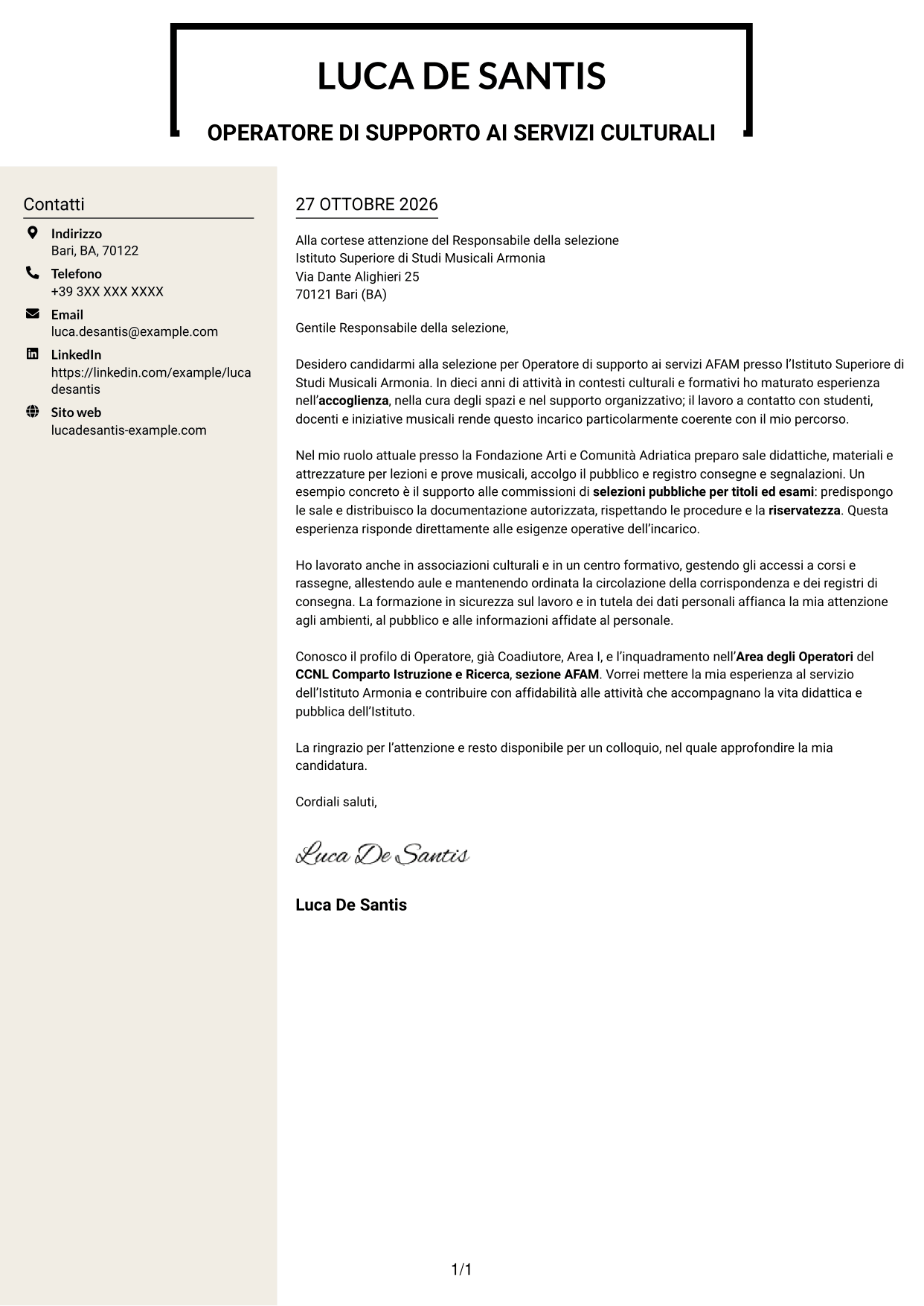 Lettera di presentazione Intraprendente (formato a due colonne con intestazione centrata senza foto): Operatore - Supporto ai servizi AFAM, pagina 1