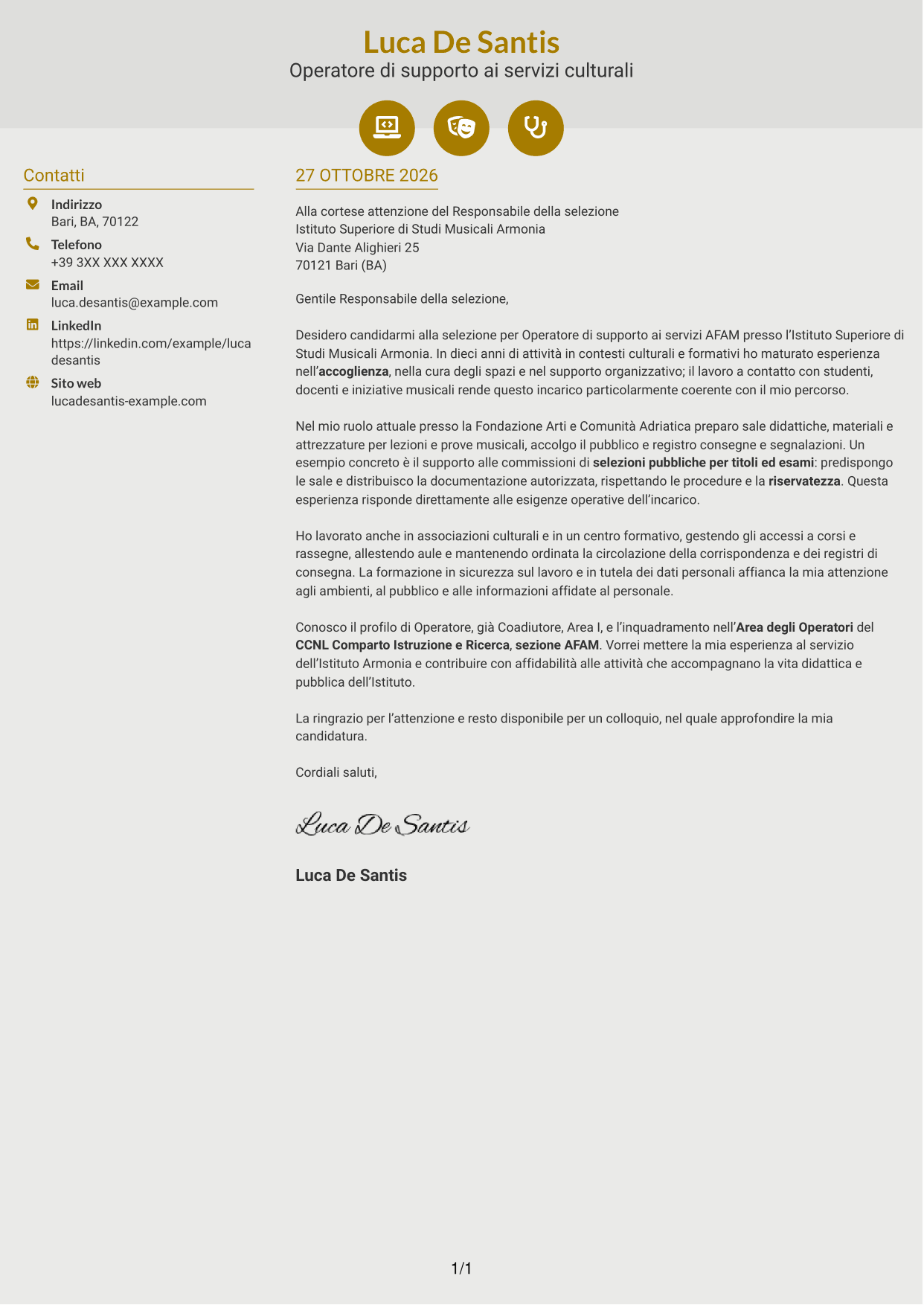 Lettera di presentazione Dinamico (formato a due colonne con icone): Operatore - Supporto ai servizi AFAM, pagina 1