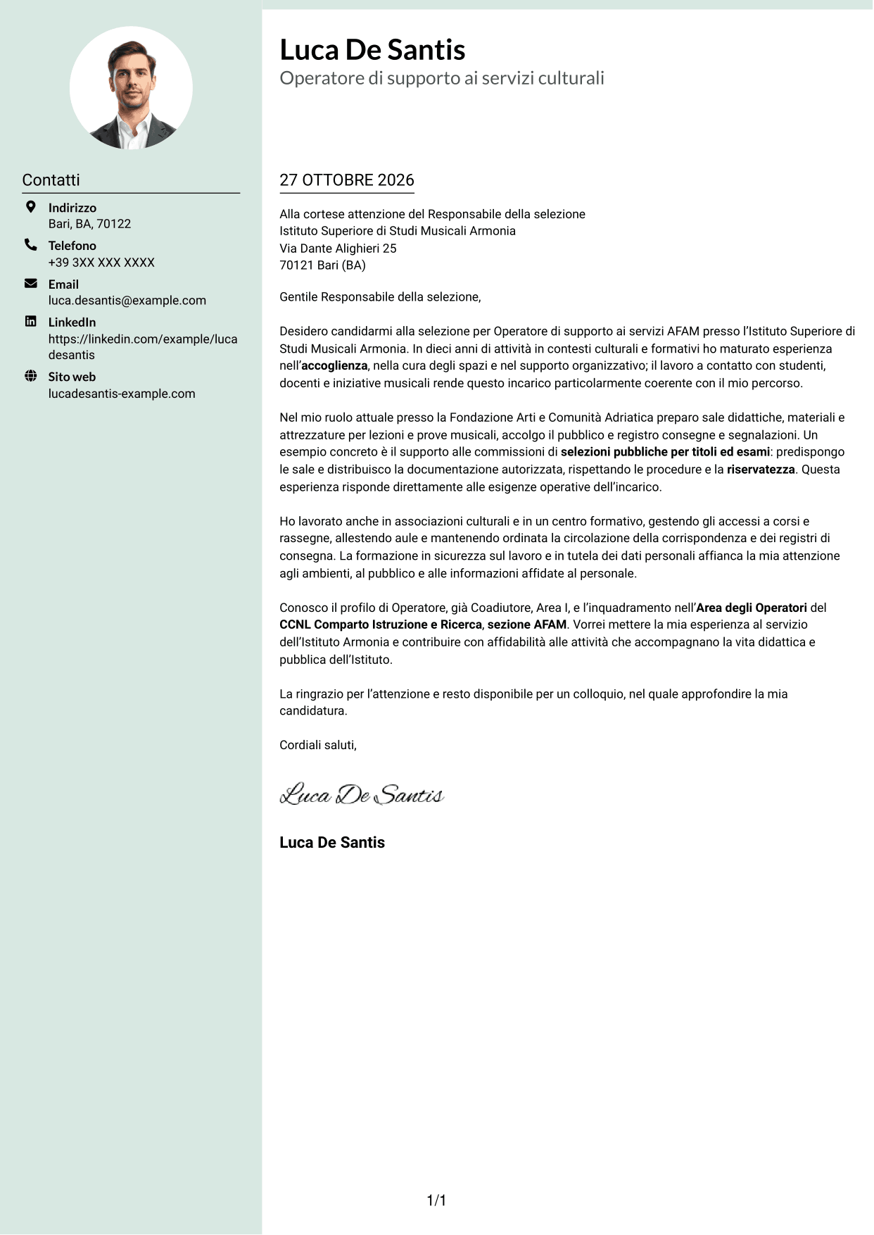 Lettera di presentazione Dirigente (formato con colonna laterale tenue e foto arrotondata): Operatore - Supporto ai servizi AFAM, pagina 1