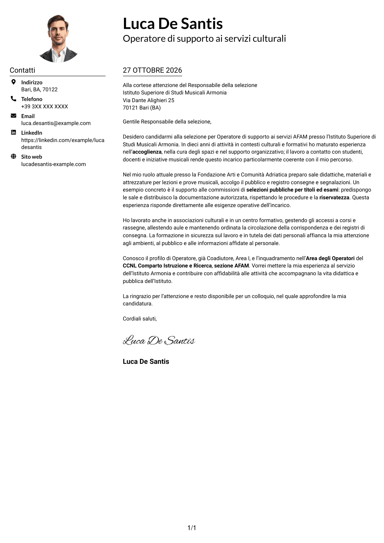 Esempio di lettera di presentazione — pagina 1