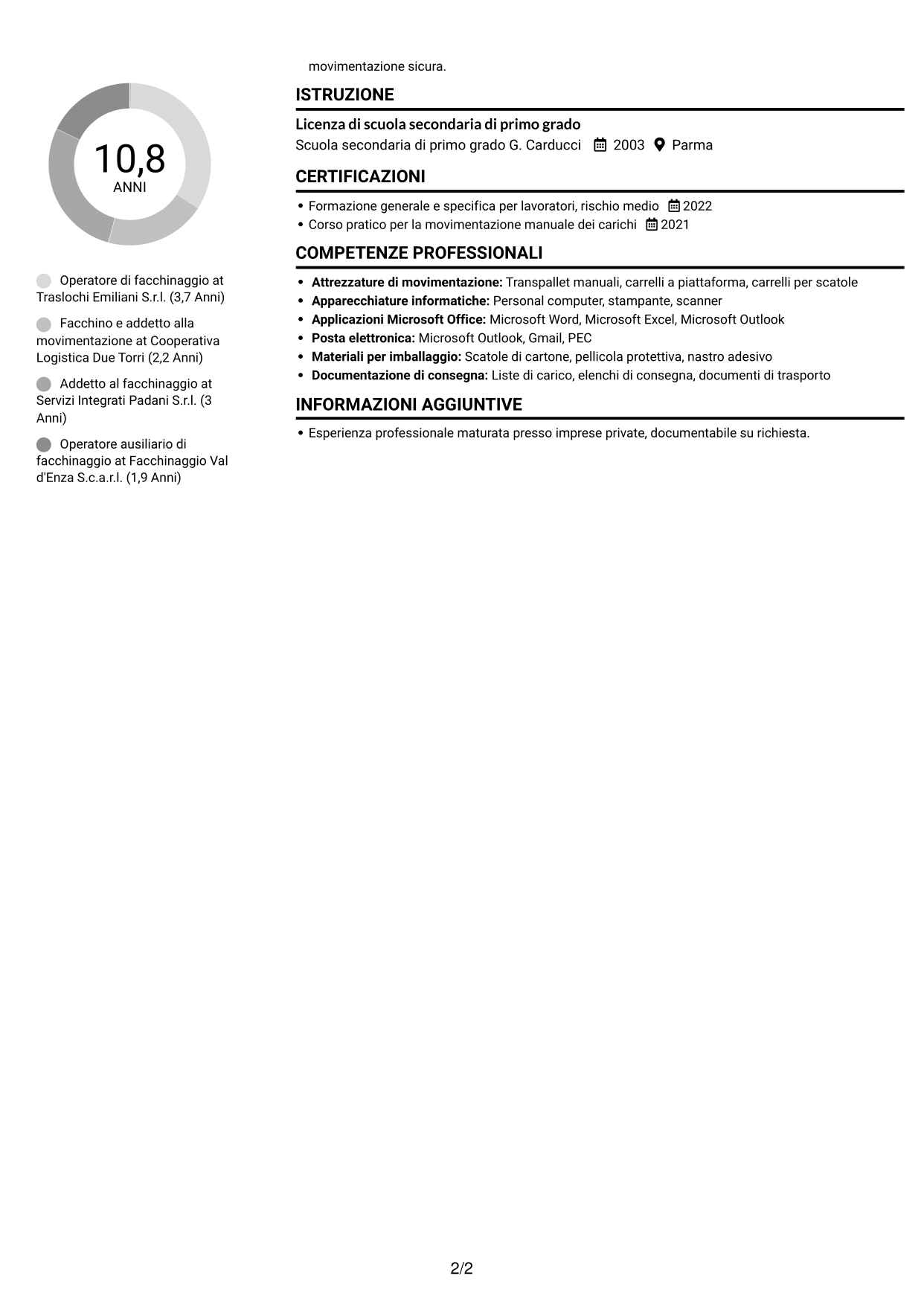 CV Compatto (formato sobrio a due colonne con foto): Operatore tecnico specializzato - Facchinaggio, pagina 2
