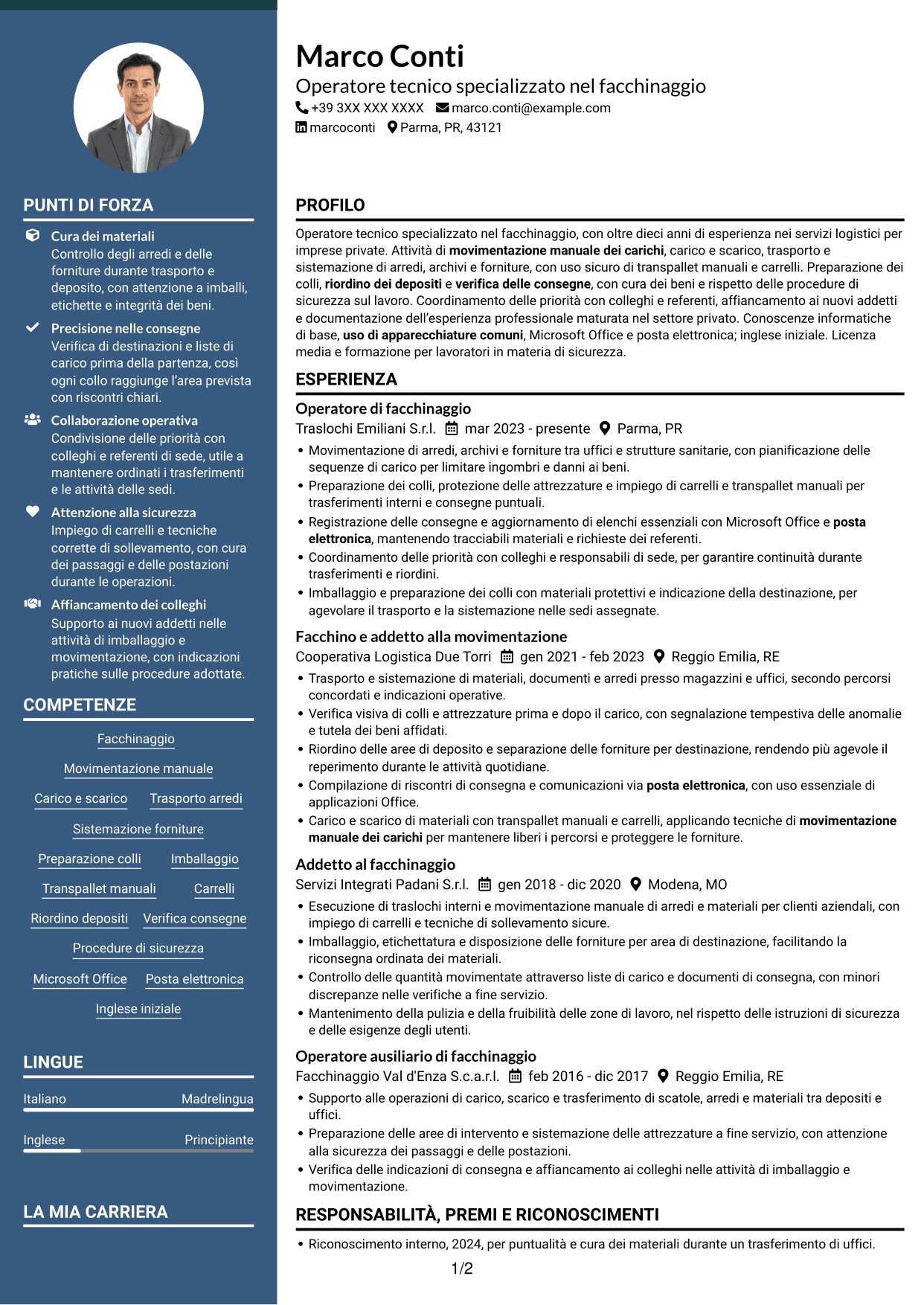 CV Elegante (formato con colonna laterale colorata e foto): Operatore tecnico specializzato - Facchinaggio, pagina 1