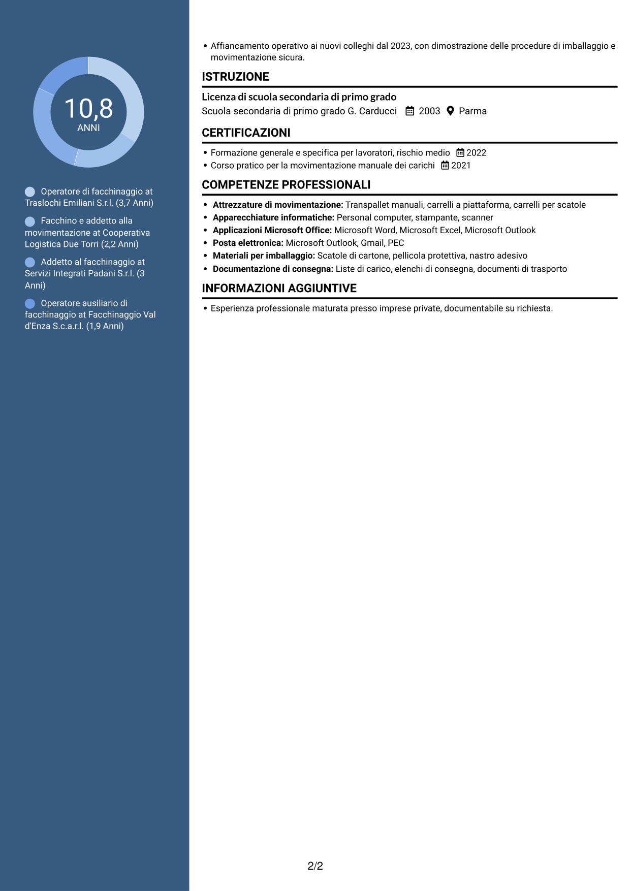 CV Elegante (formato con colonna laterale colorata e foto): Operatore tecnico specializzato - Facchinaggio, pagina 2