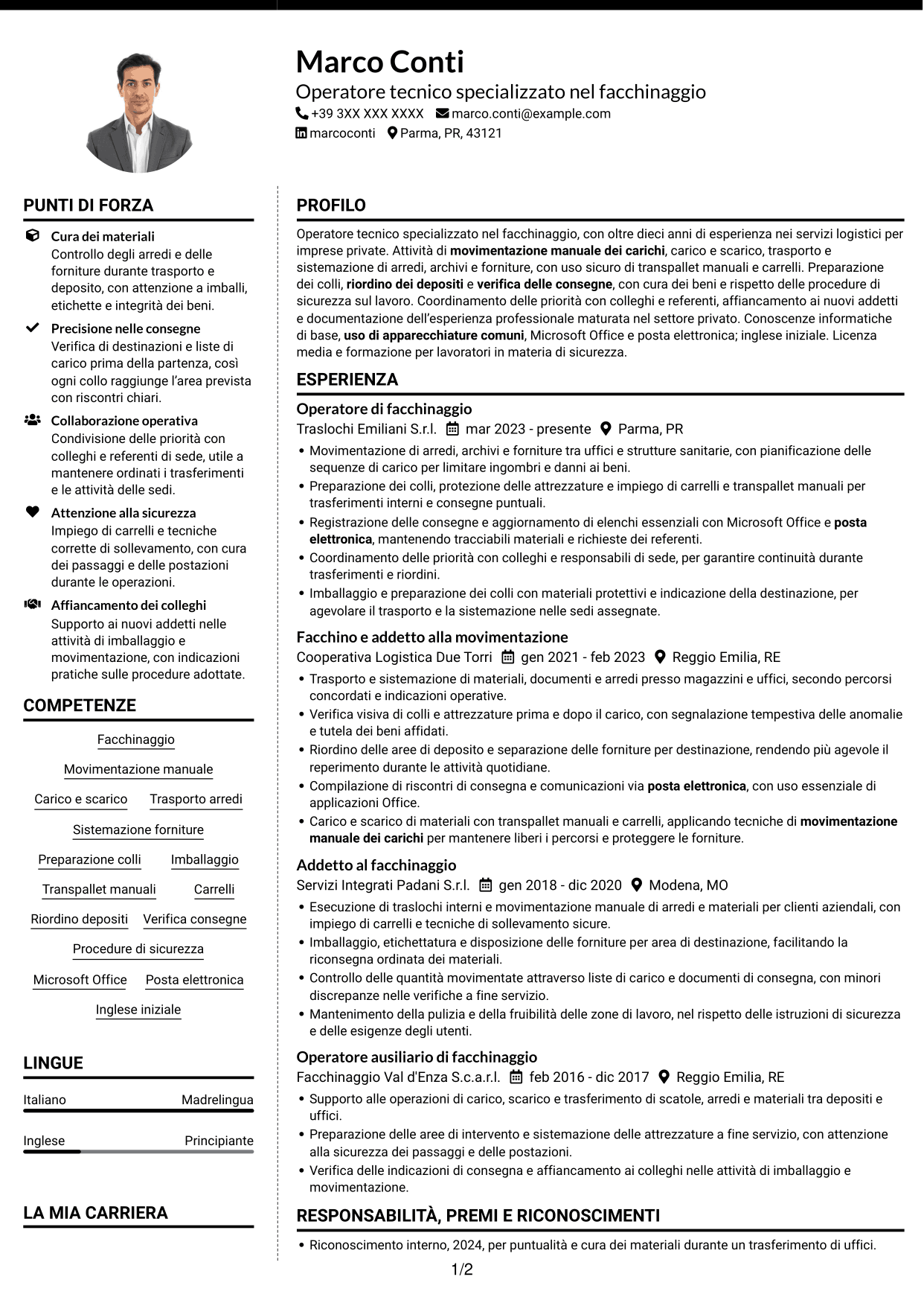CV Moderno (formato a due colonne con foto a sinistra e separatore): Operatore tecnico specializzato - Facchinaggio, pagina 1
