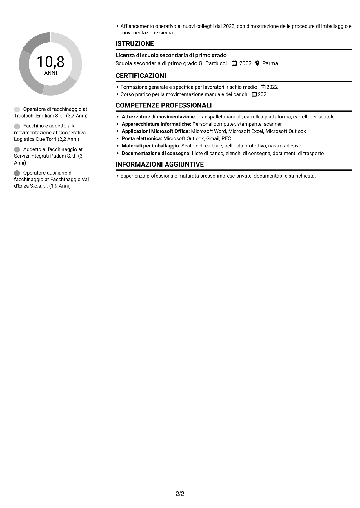 CV Moderno (formato a due colonne con foto a sinistra e separatore): Operatore tecnico specializzato - Facchinaggio, pagina 2