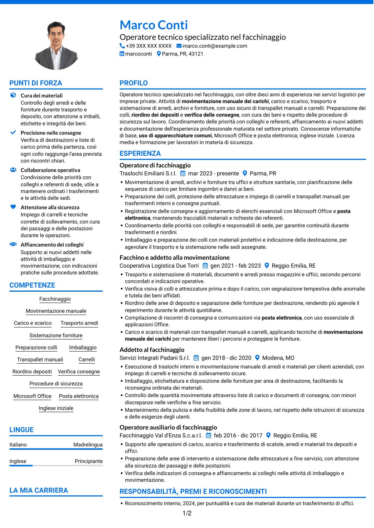 CV Audace (formato a due colonne con accenti colorati e foto): Operatore tecnico specializzato - Facchinaggio, pagina 1