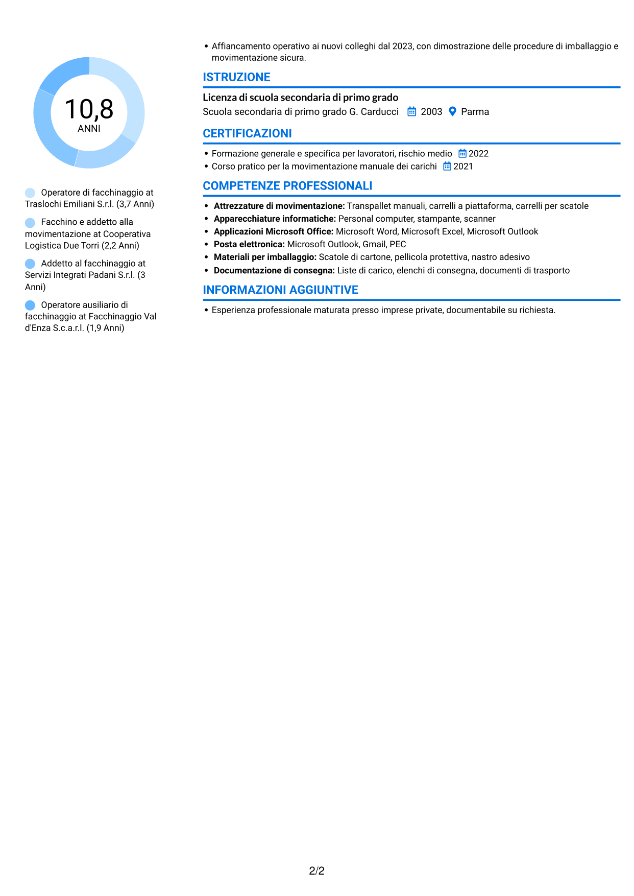 CV Audace (formato a due colonne con accenti colorati e foto): Operatore tecnico specializzato - Facchinaggio, pagina 2