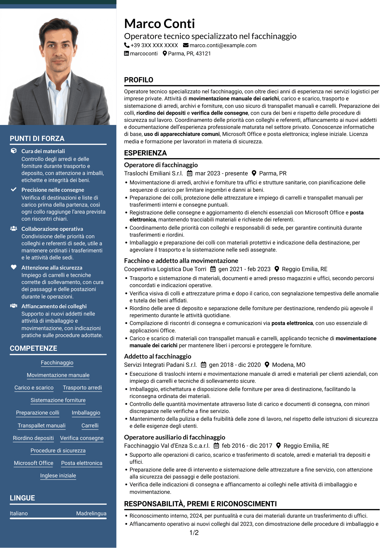 CV Signature (formato con colonna laterale colorata e foto grande): Operatore tecnico specializzato - Facchinaggio, pagina 1