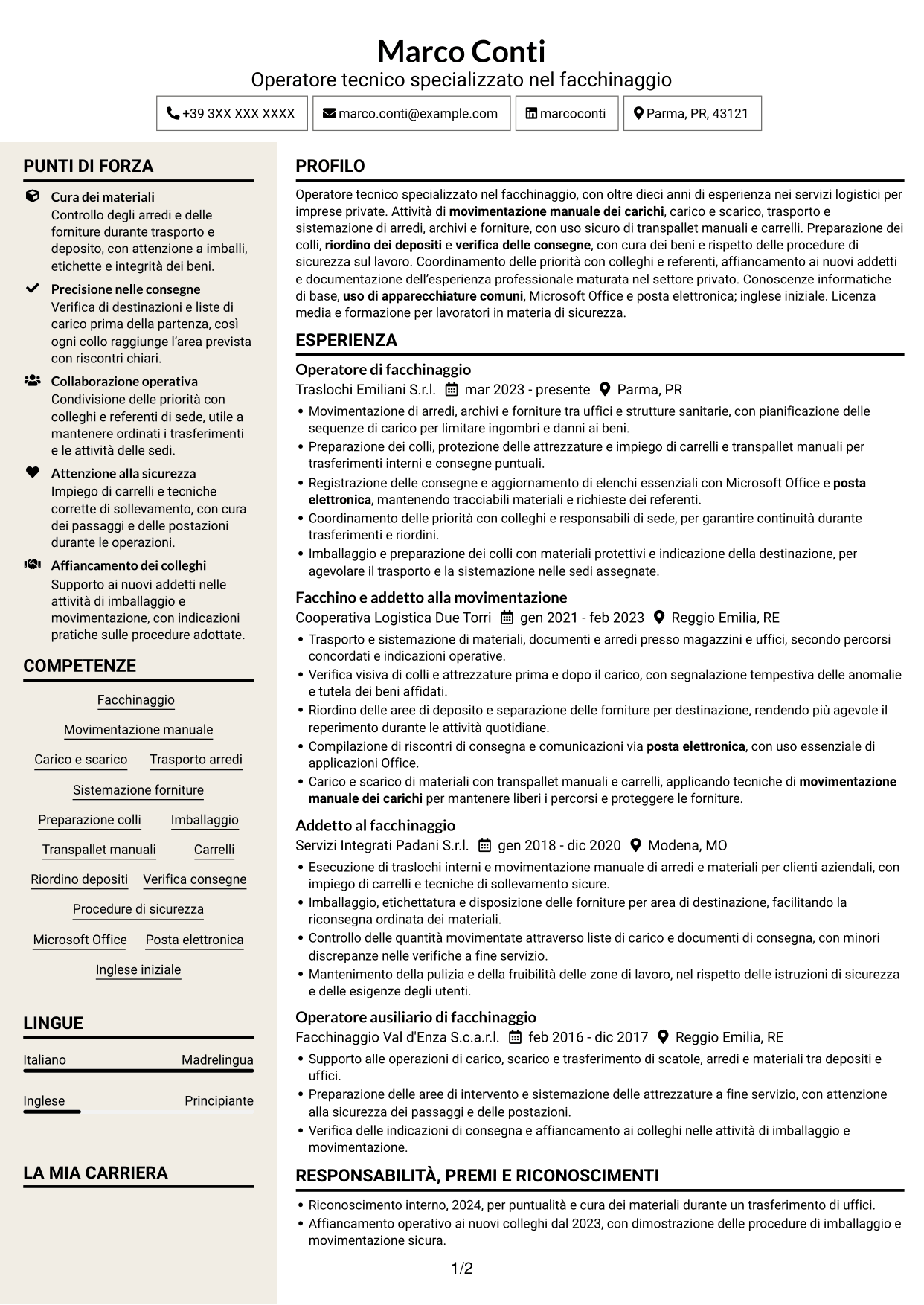 CV Intraprendente (formato a due colonne con intestazione centrata senza foto): Operatore tecnico specializzato - Facchinaggio, pagina 1