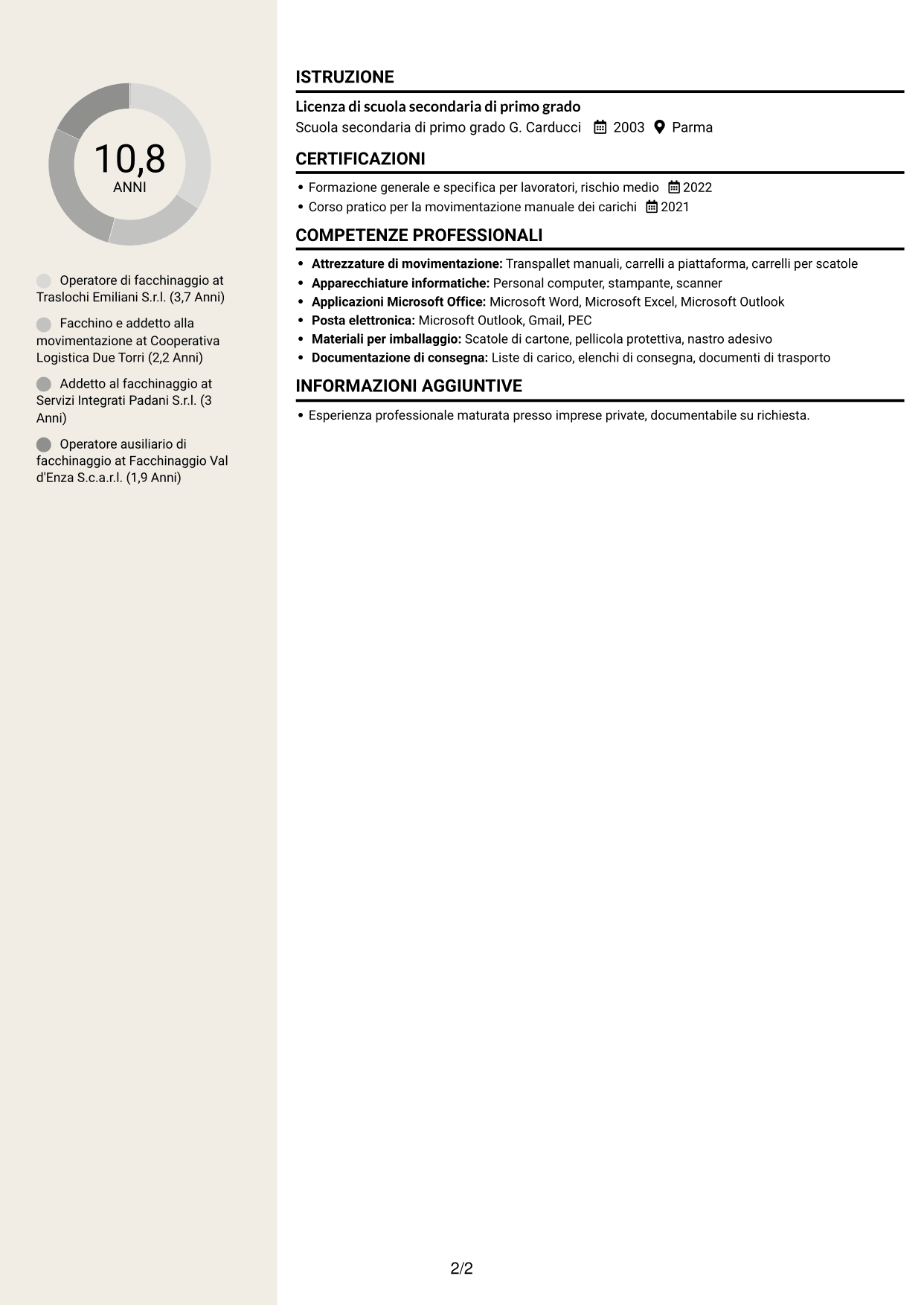 CV Intraprendente (formato a due colonne con intestazione centrata senza foto): Operatore tecnico specializzato - Facchinaggio, pagina 2