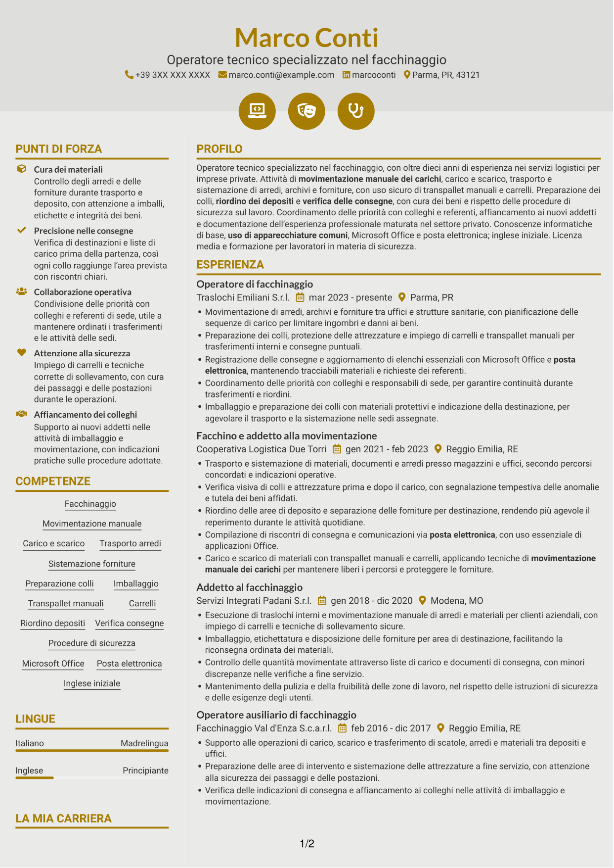CV Dinamico (formato a due colonne con icone): Operatore tecnico specializzato - Facchinaggio, pagina 1