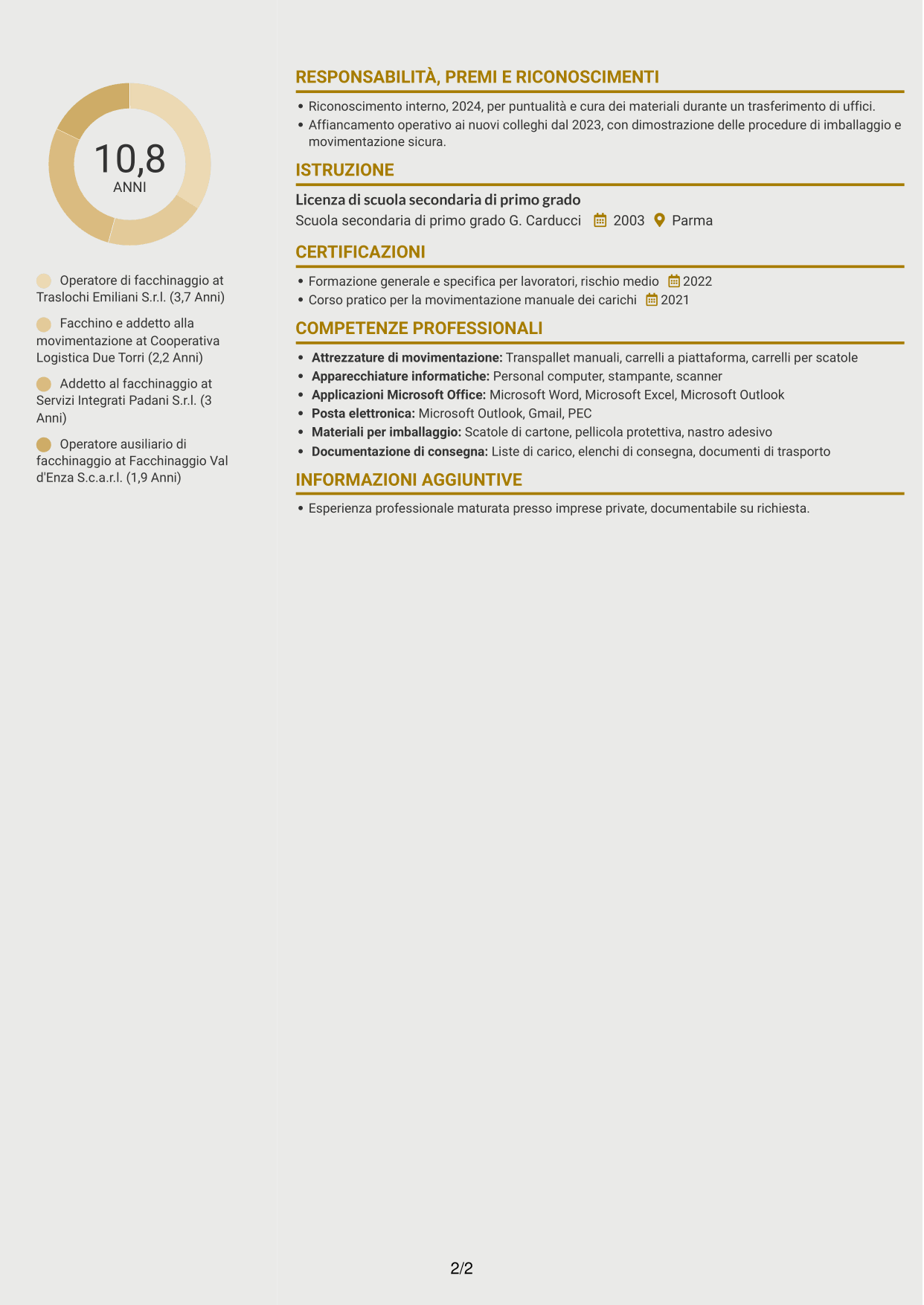 CV Dinamico (formato a due colonne con icone): Operatore tecnico specializzato - Facchinaggio, pagina 2