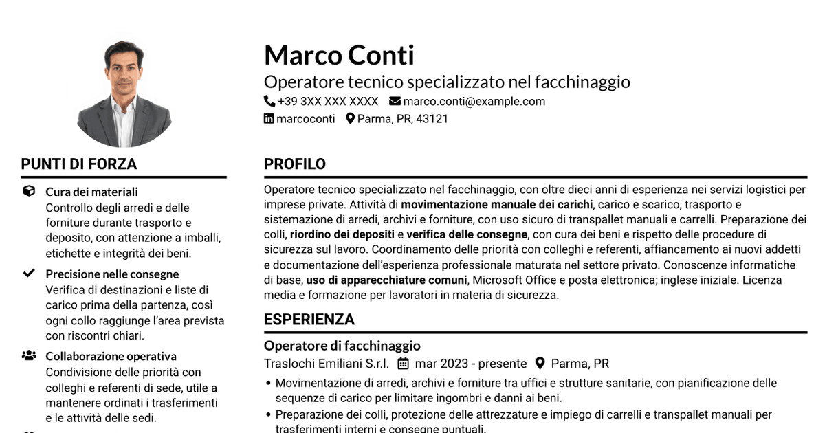 7 modelli di CV per Operatore tecnico specializzato - Facchinaggio, con esempi