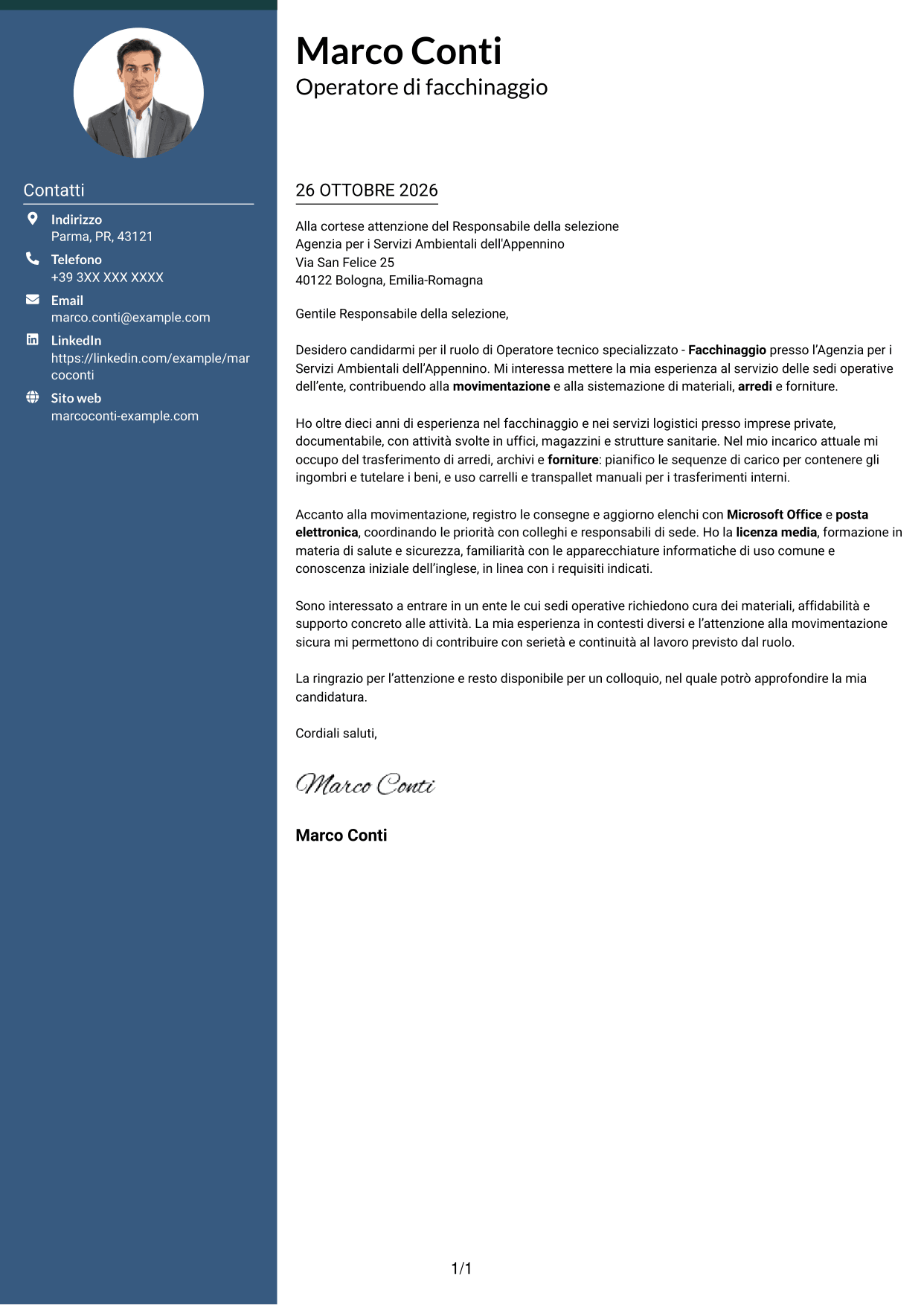 Lettera di presentazione Elegante (formato con colonna laterale colorata e foto): Operatore tecnico specializzato - Facchinaggio, pagina 1