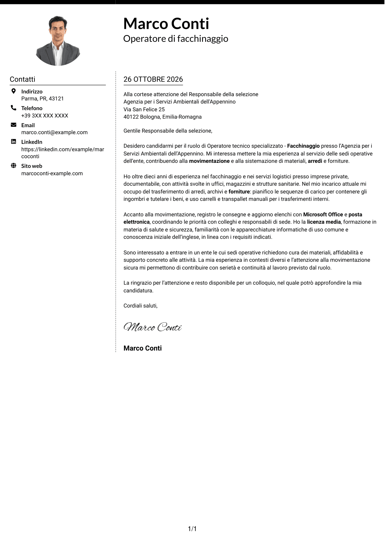Lettera di presentazione Moderno (formato a due colonne con foto a sinistra e separatore): Operatore tecnico specializzato - Facchinaggio, pagina 1