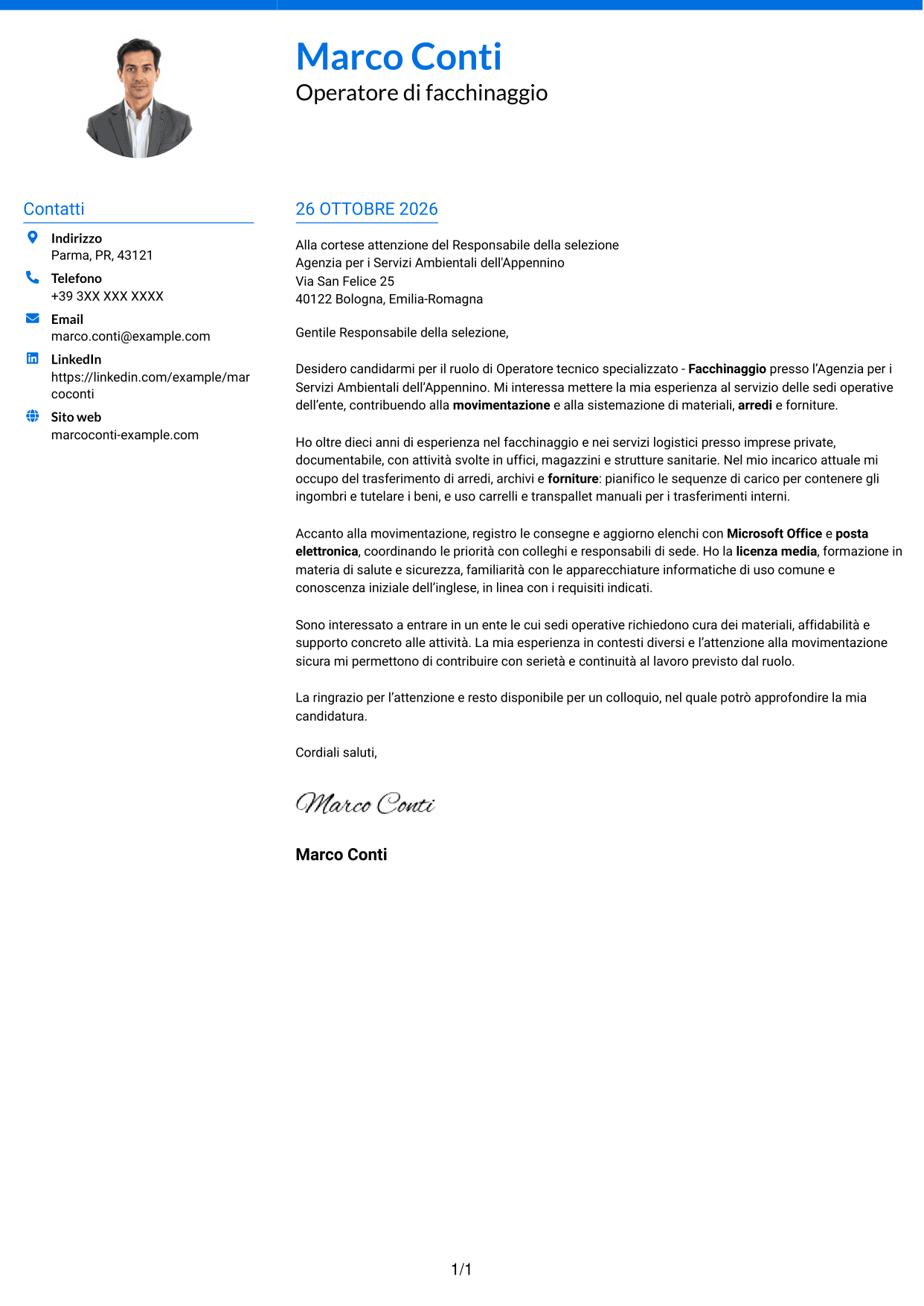 Lettera di presentazione Audace (formato a due colonne con accenti colorati e foto): Operatore tecnico specializzato - Facchinaggio, pagina 1