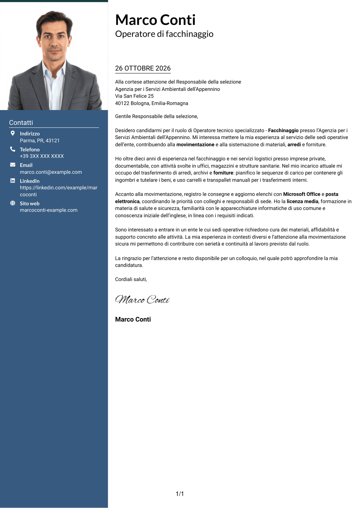 Lettera di presentazione Signature (formato con colonna laterale colorata e foto grande): Operatore tecnico specializzato - Facchinaggio, pagina 1