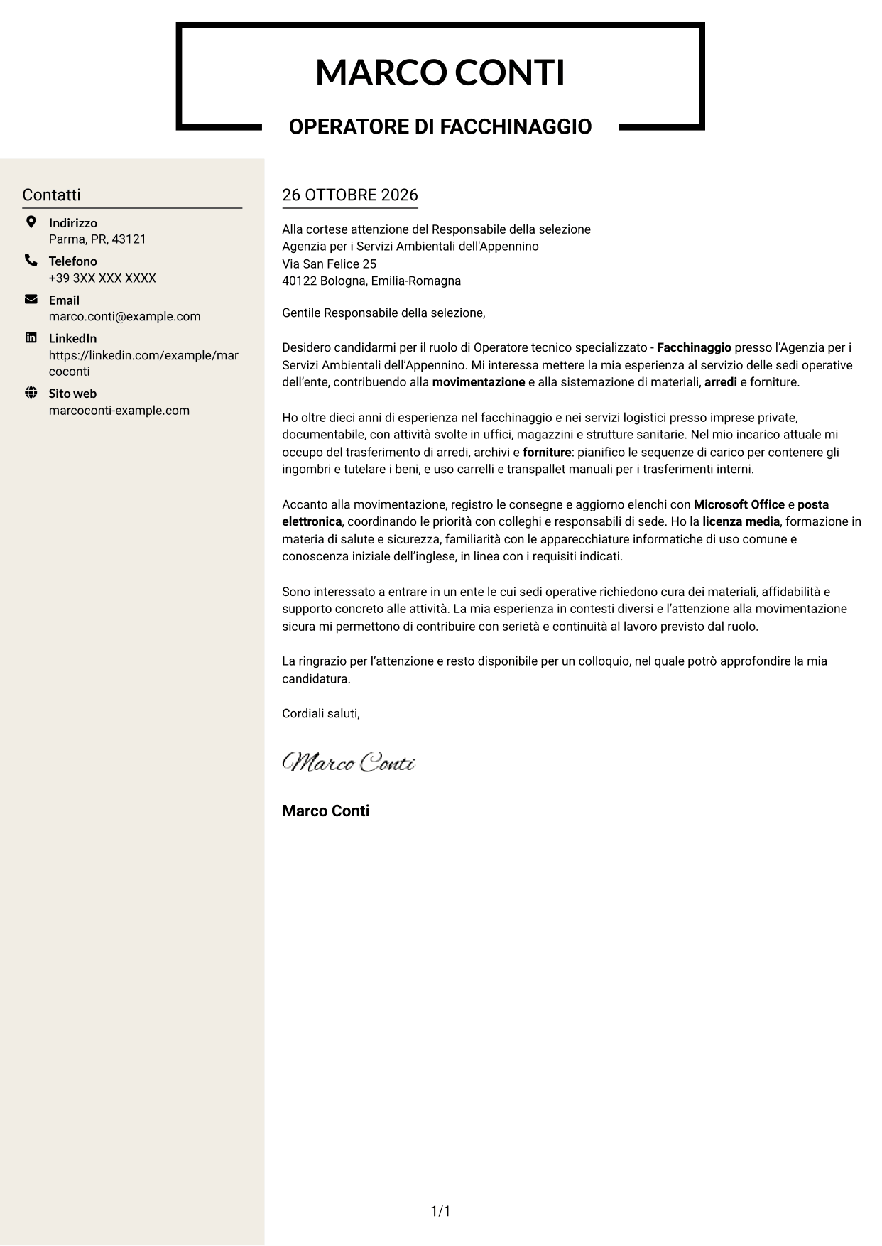 Lettera di presentazione Intraprendente (formato a due colonne con intestazione centrata senza foto): Operatore tecnico specializzato - Facchinaggio, pagina 1