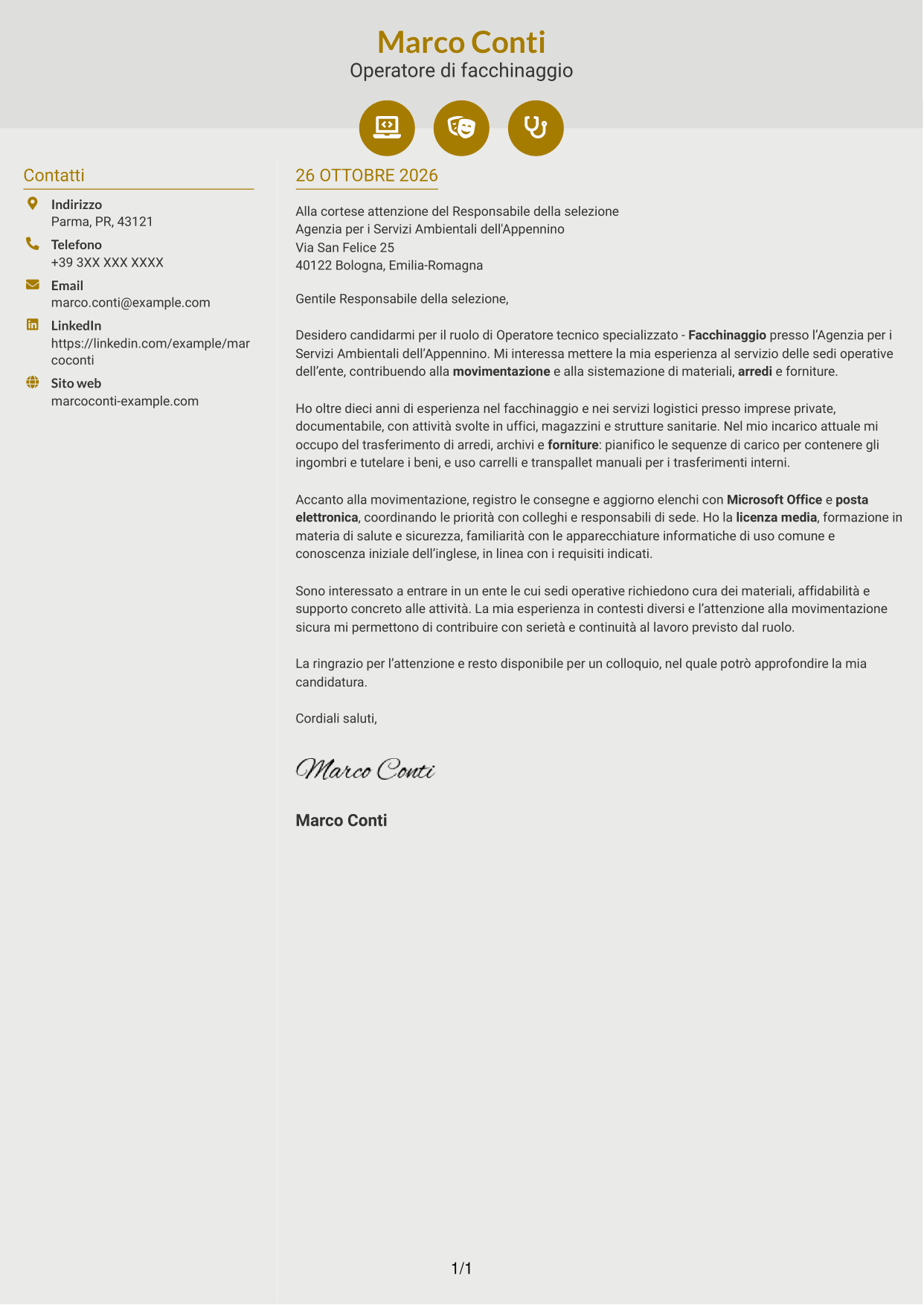 Lettera di presentazione Dinamico (formato a due colonne con icone): Operatore tecnico specializzato - Facchinaggio, pagina 1