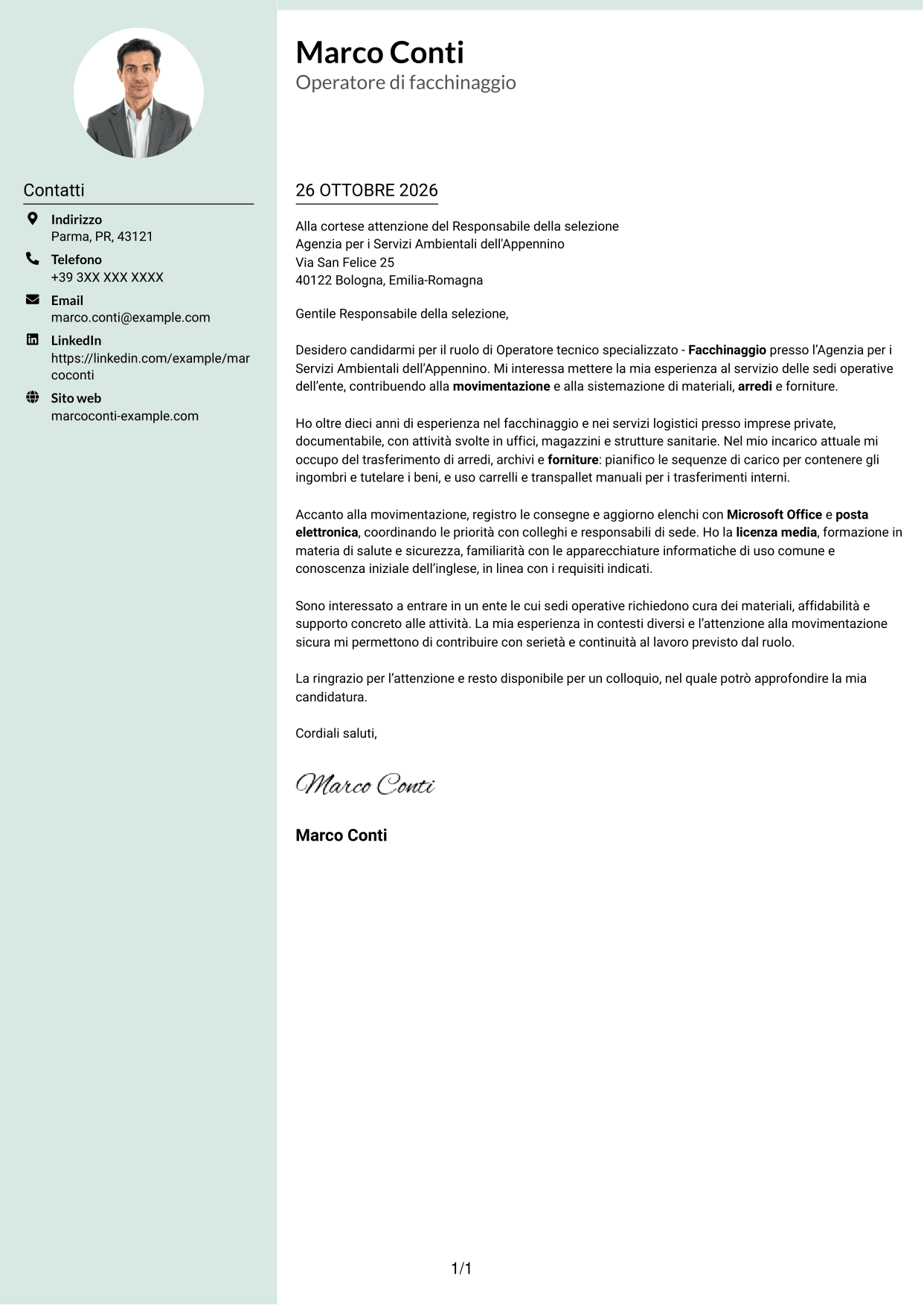 Lettera di presentazione Dirigente (formato con colonna laterale tenue e foto arrotondata): Operatore tecnico specializzato - Facchinaggio, pagina 1