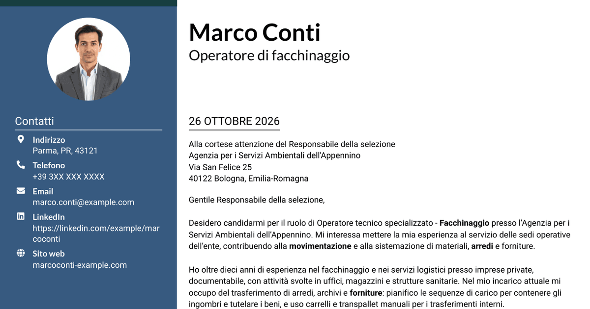 7 modelli di lettera di presentazione per Operatore tecnico specializzato - Facchinaggio, con esempi