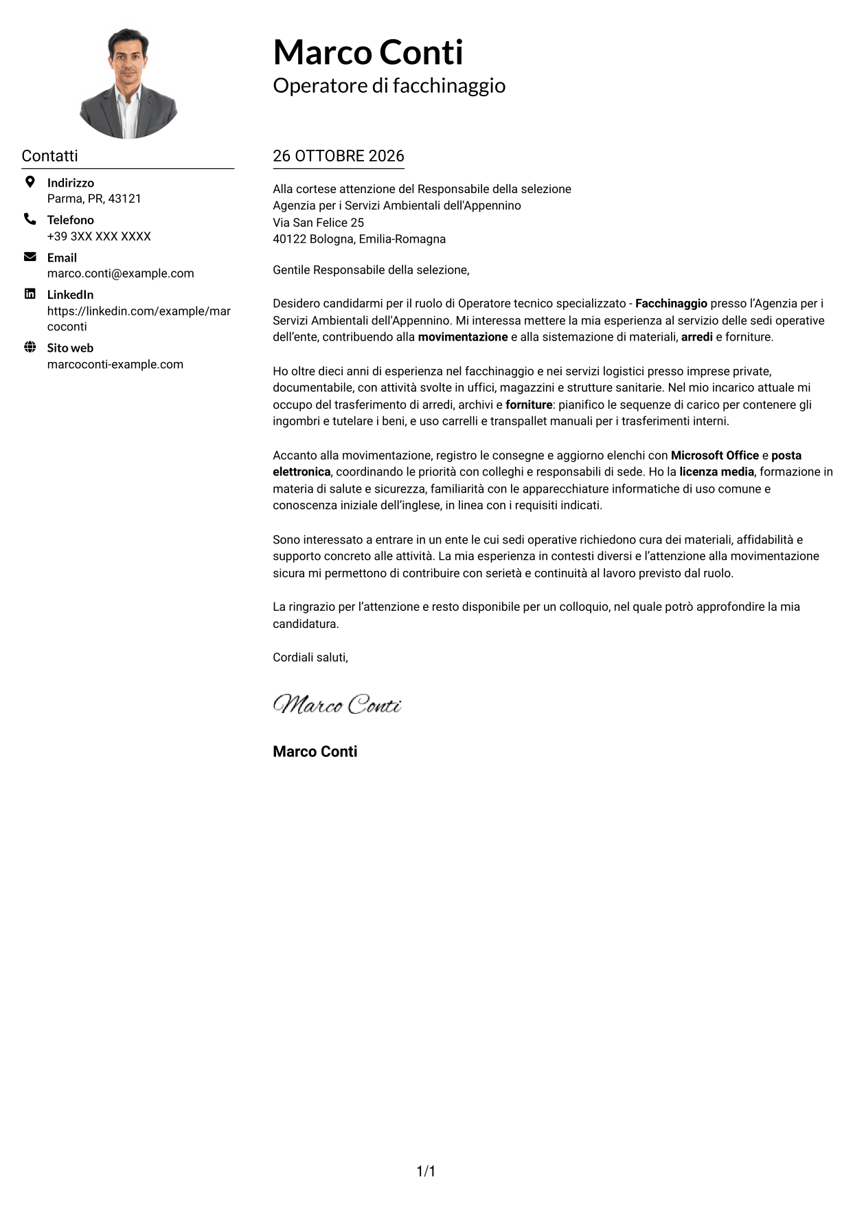 Esempio di lettera di presentazione — pagina 1