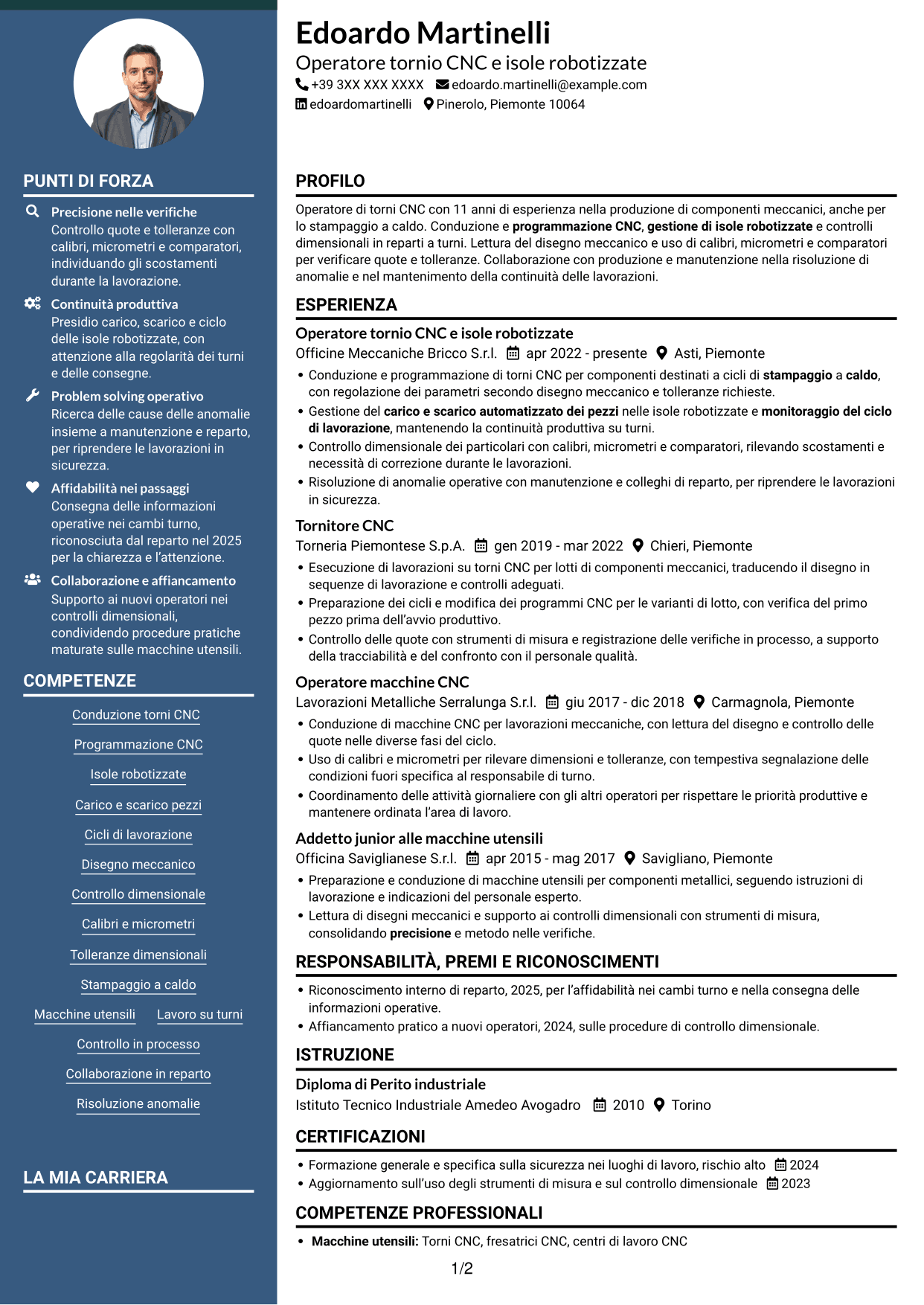 CV Elegante (formato con colonna laterale colorata e foto): Operatore tornio CNC - Isole robotizzate, pagina 1
