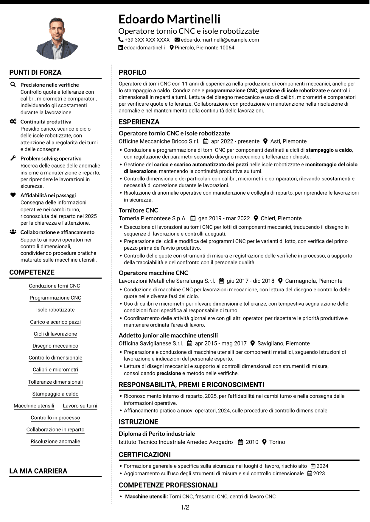 CV Moderno (formato a due colonne con foto a sinistra e separatore): Operatore tornio CNC - Isole robotizzate, pagina 1
