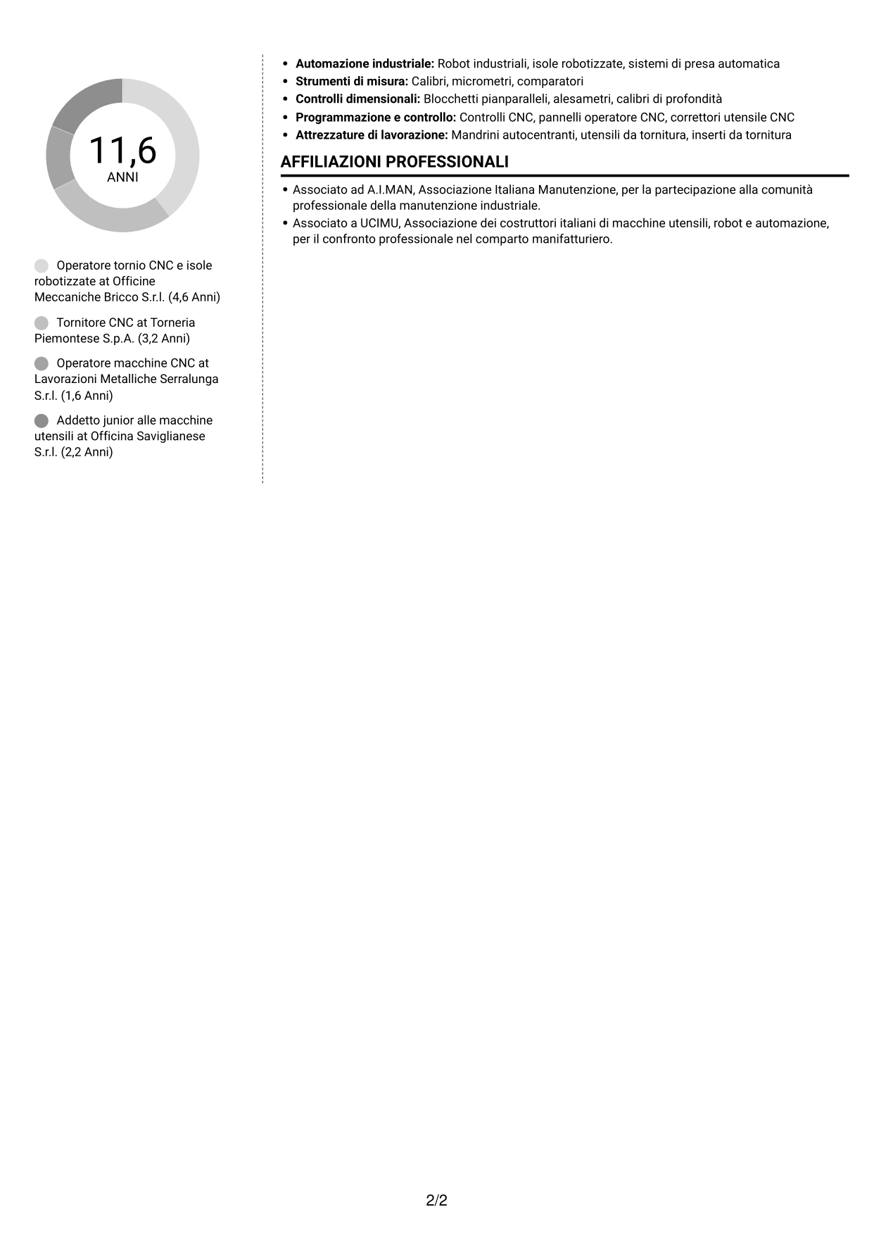 CV Moderno (formato a due colonne con foto a sinistra e separatore): Operatore tornio CNC - Isole robotizzate, pagina 2