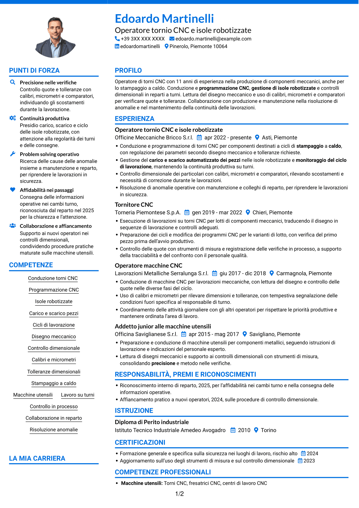 CV Audace (formato a due colonne con accenti colorati e foto): Operatore tornio CNC - Isole robotizzate, pagina 1