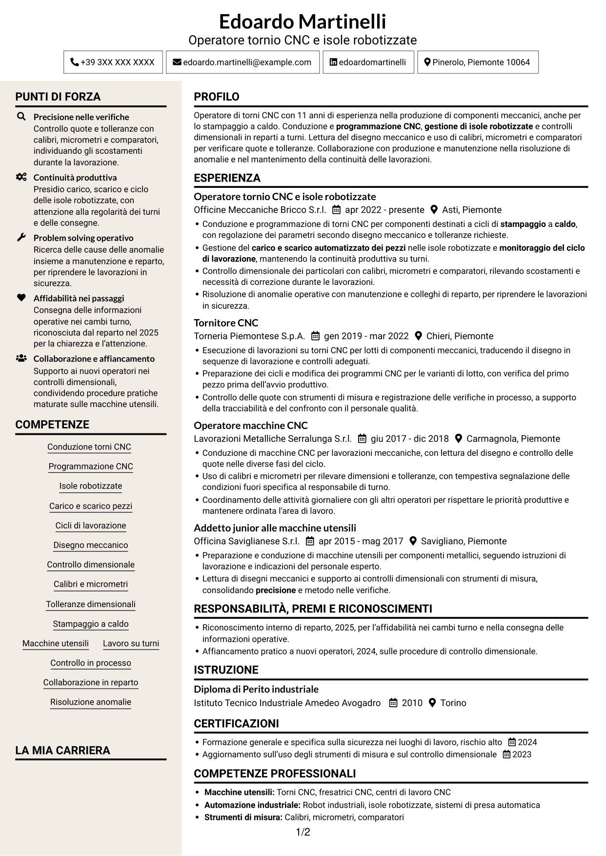 CV Intraprendente (formato a due colonne con intestazione centrata senza foto): Operatore tornio CNC - Isole robotizzate, pagina 1