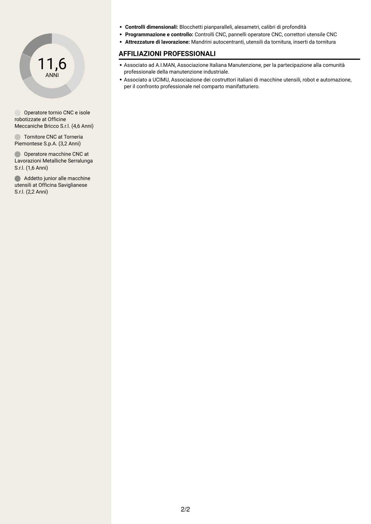 CV Intraprendente (formato a due colonne con intestazione centrata senza foto): Operatore tornio CNC - Isole robotizzate, pagina 2