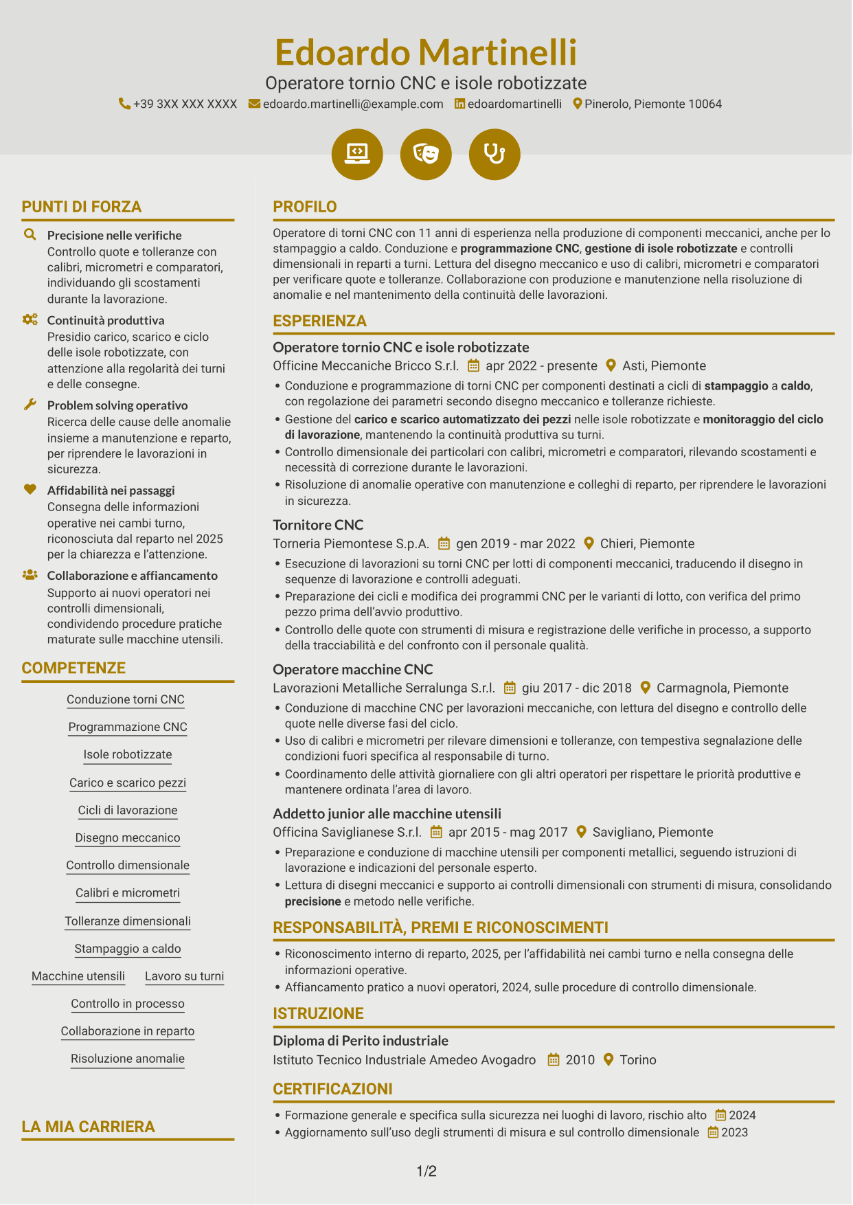 CV Dinamico (formato a due colonne con icone): Operatore tornio CNC - Isole robotizzate, pagina 1