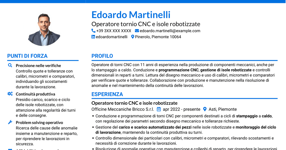 7 modelli di CV per Operatore tornio CNC - Isole robotizzate, con esempi