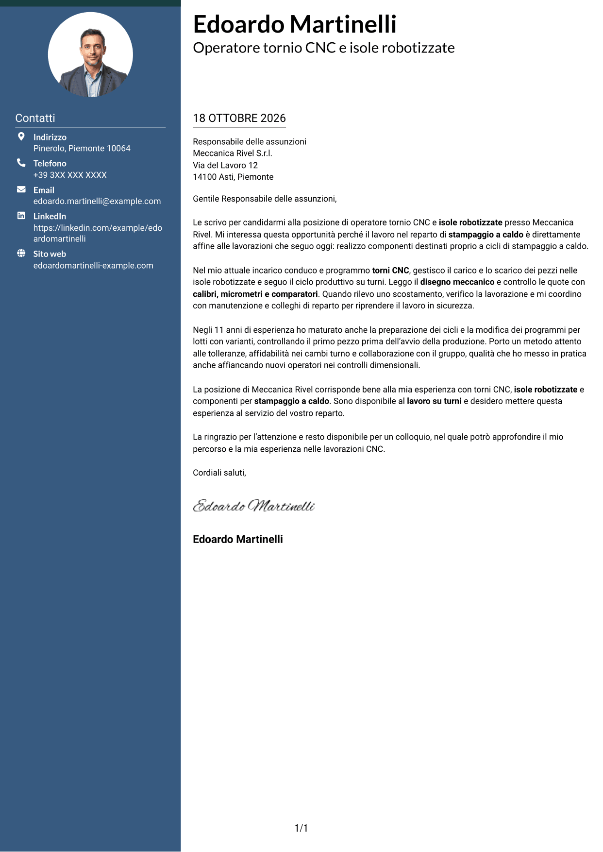 Lettera di presentazione Elegante (formato con colonna laterale colorata e foto): Operatore tornio CNC - Isole robotizzate, pagina 1