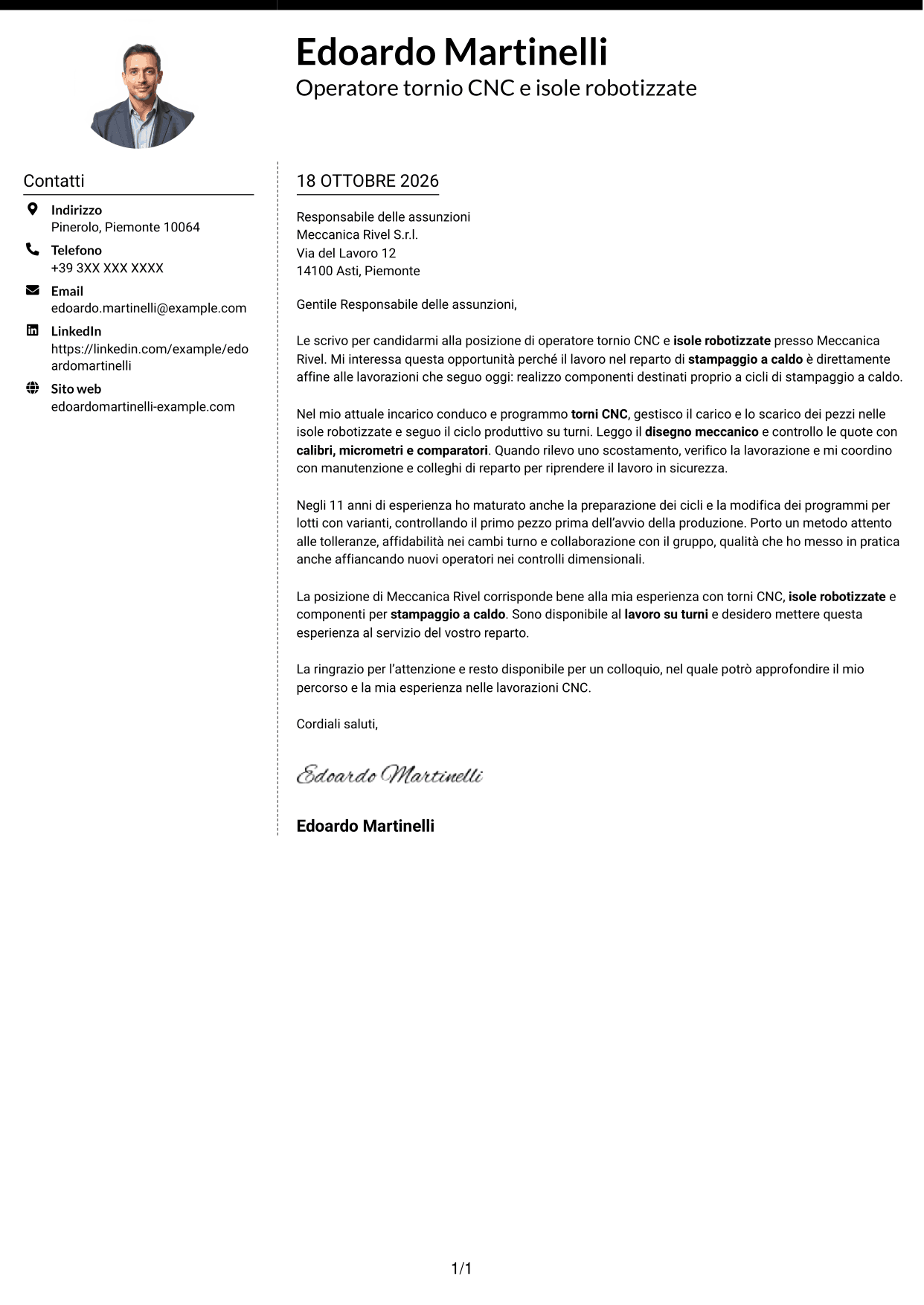 Lettera di presentazione Moderno (formato a due colonne con foto a sinistra e separatore): Operatore tornio CNC - Isole robotizzate, pagina 1