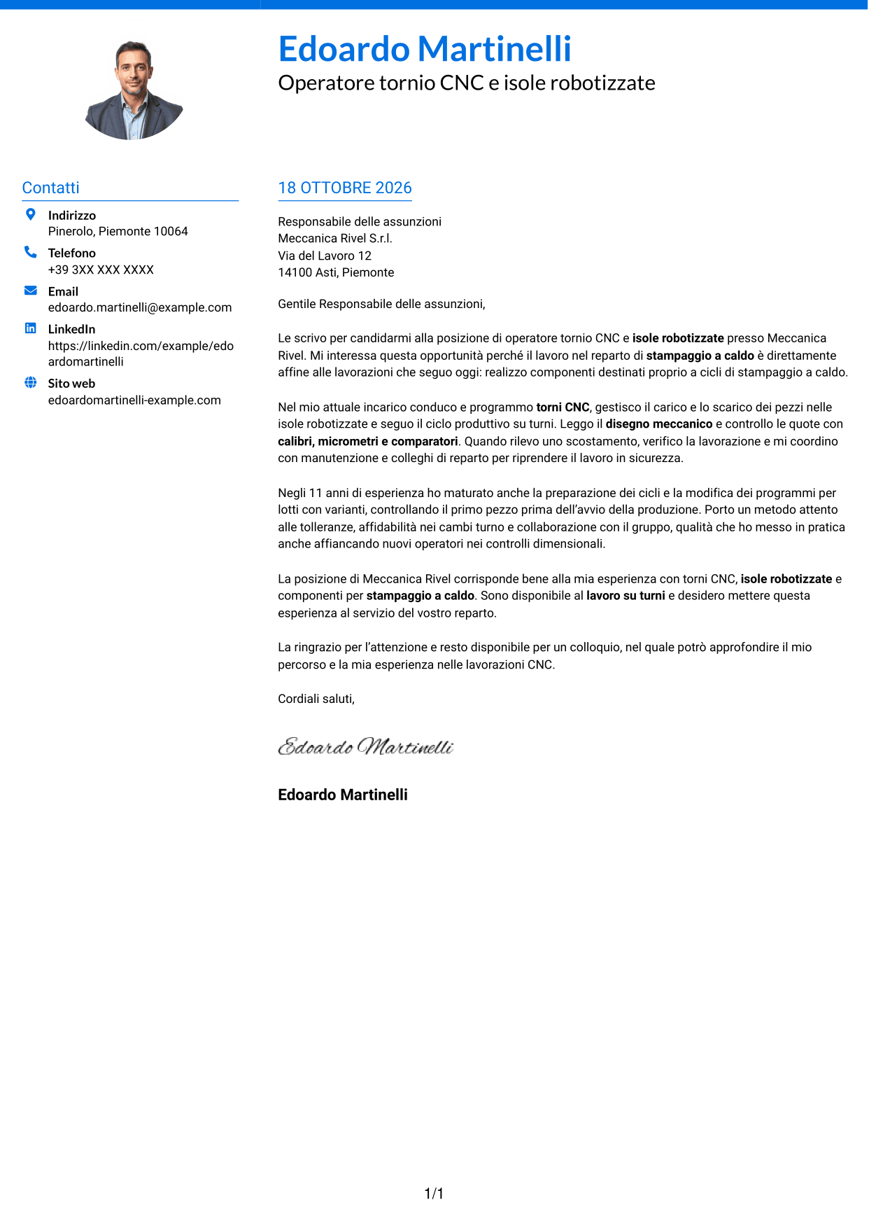 Lettera di presentazione Audace (formato a due colonne con accenti colorati e foto): Operatore tornio CNC - Isole robotizzate, pagina 1