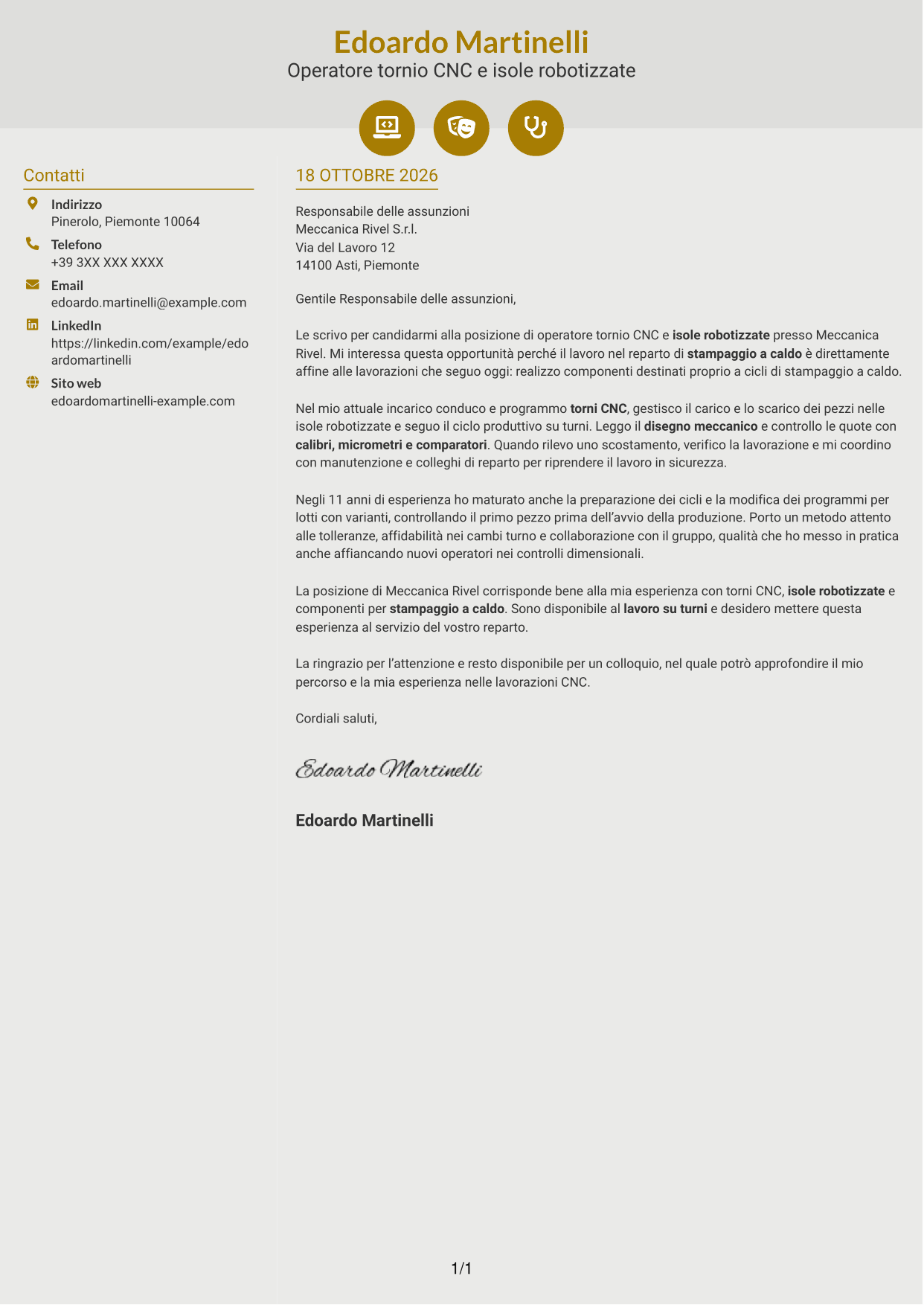 Lettera di presentazione Dinamico (formato a due colonne con icone): Operatore tornio CNC - Isole robotizzate, pagina 1