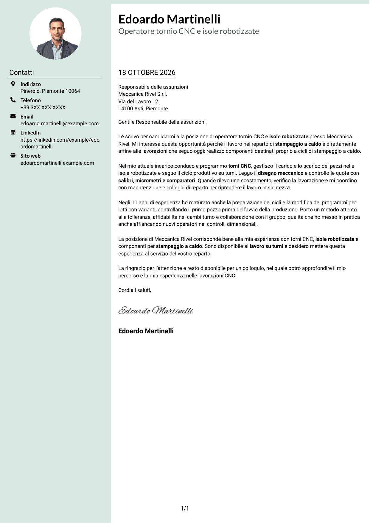 Lettera di presentazione Dirigente (formato con colonna laterale tenue e foto arrotondata): Operatore tornio CNC - Isole robotizzate, pagina 1